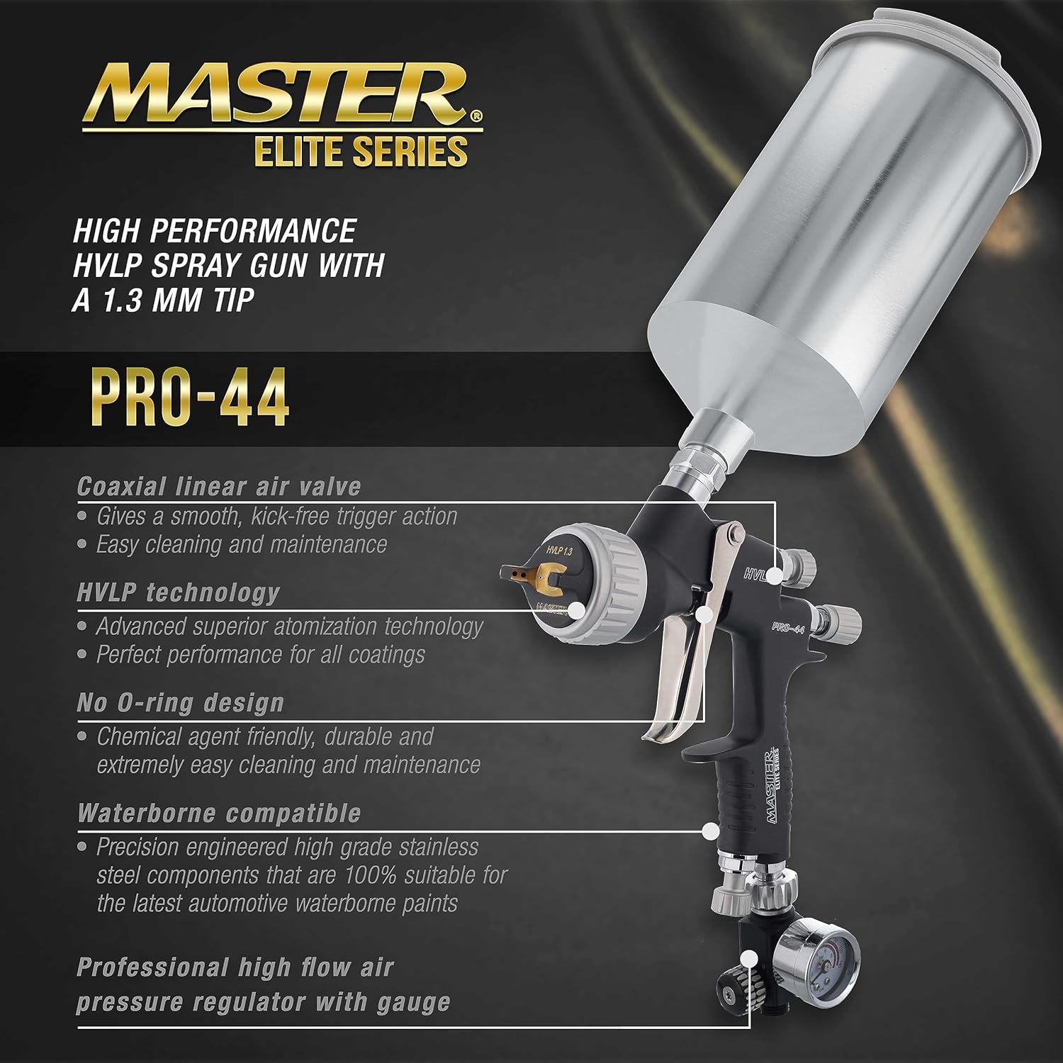 Maste Elit PRO-4 HVL Spra Gu wit 1.3m Tip Ai Pressur Regulato Gaug an 1 Cu Automotiv Spra Pain Gu fo Paintin Basecoat Clearcoat Advance Atomizatio Technology