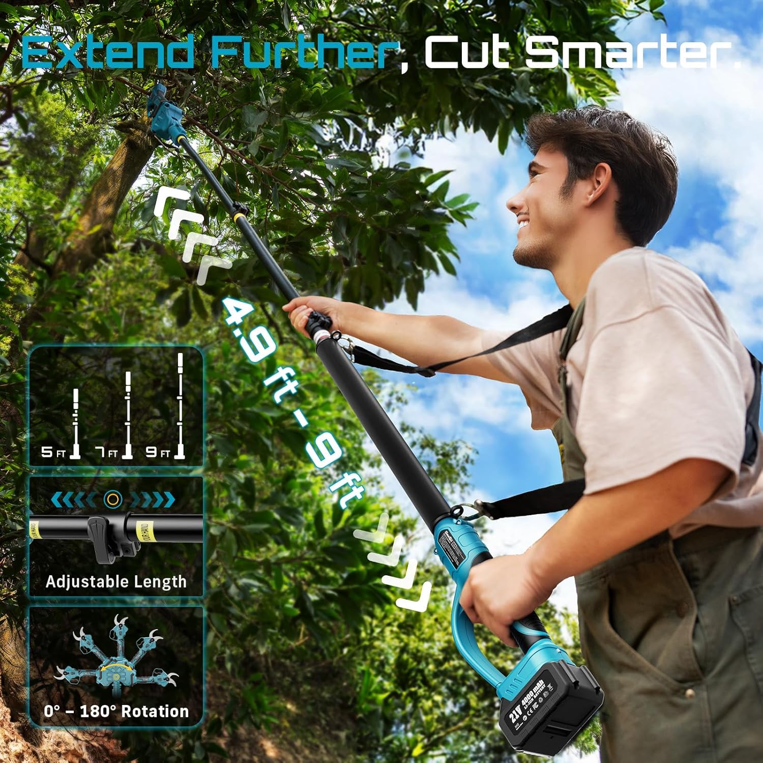 SEESII Pole Electric Pruning Shears: 1.8inch Cutting Diameter 2-in-1 Cordless Power Pruner - Brushless Motor, Dual 4.0Ah Batteries, Extra SK5 Blade, 4 Modes Adjustable Branch Cutter for Garden Trimming