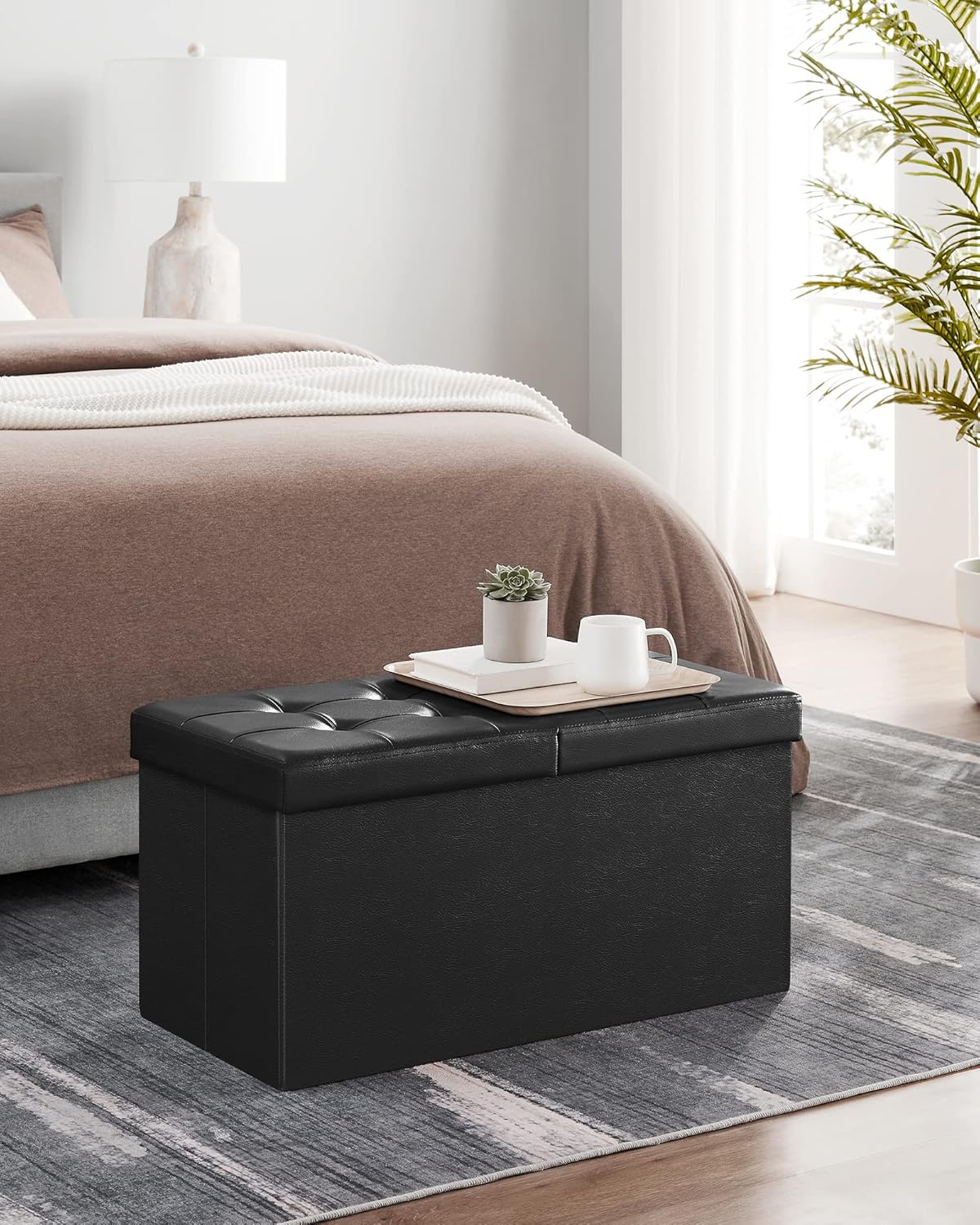 Collection - 30 Inches Storage Ottoman Bench with Flipping Lid, Storage Chest Footstool, Load 660 lb, for Entryway, Living Room, Bedroom, Synthetic Leather, Black ULSF45BK