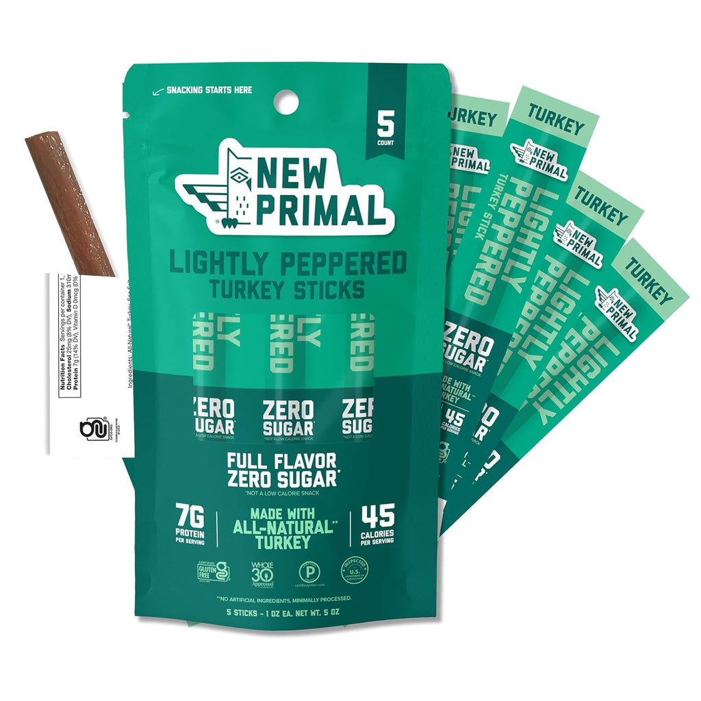 New Primal Lightly Peppered Turkey Sticks, Keto Gluten Free Healthy Snacks for Adults, Sugar Free Low Carb High Protein Snack, Paleo Whole30 Jerky Meat Stick, 7g Protein, 45 Calories, 5 Pack