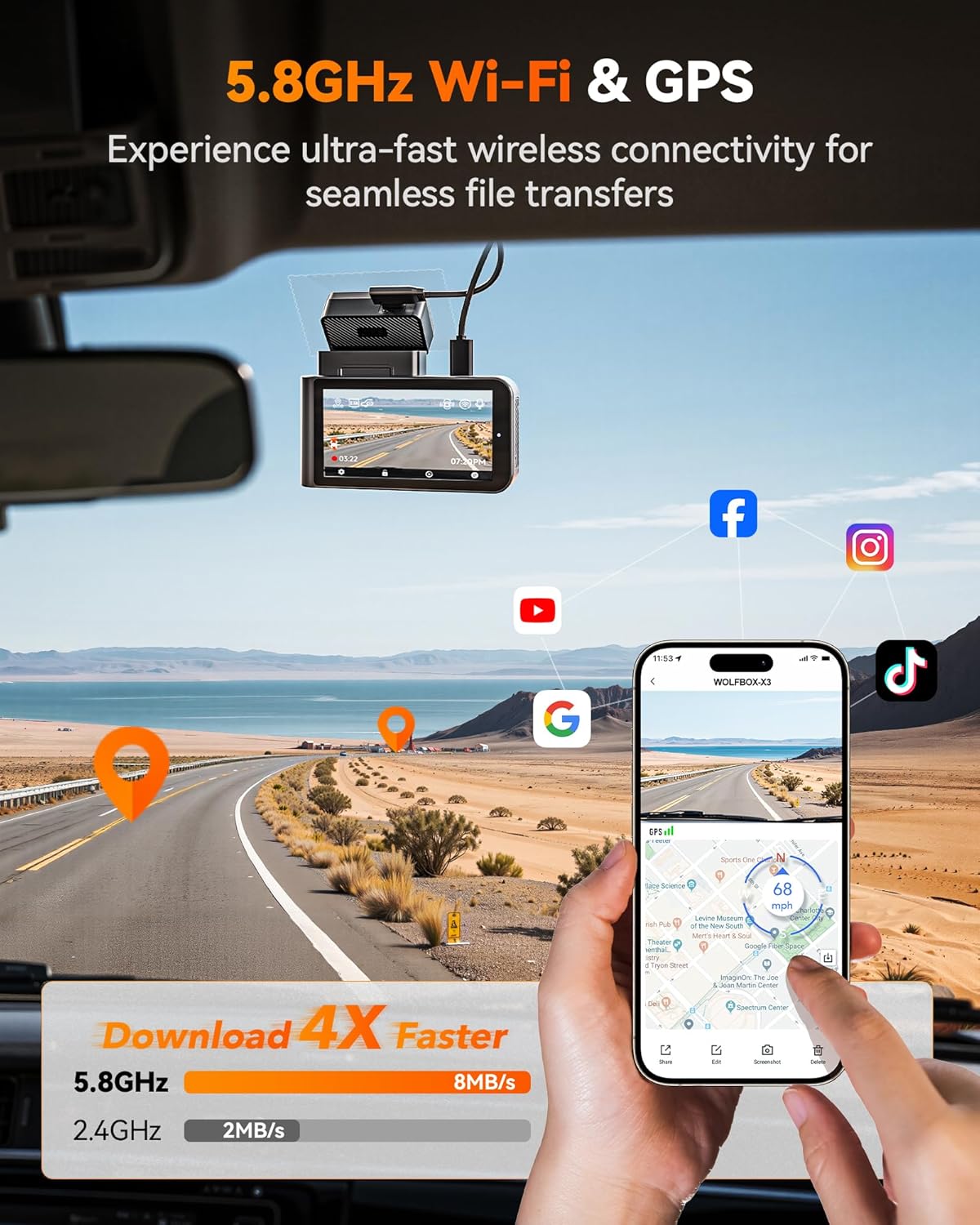 WOLFBO X 2.5 1440 60FP Das Camera STARVI IMX67 wit ADAS 1440P+1080 Dua Dashca Fron an Rea Camer 5M wit Built-i 5.8GH WiF GPS 64G Card Touc Screen G-Sensor Loo Record