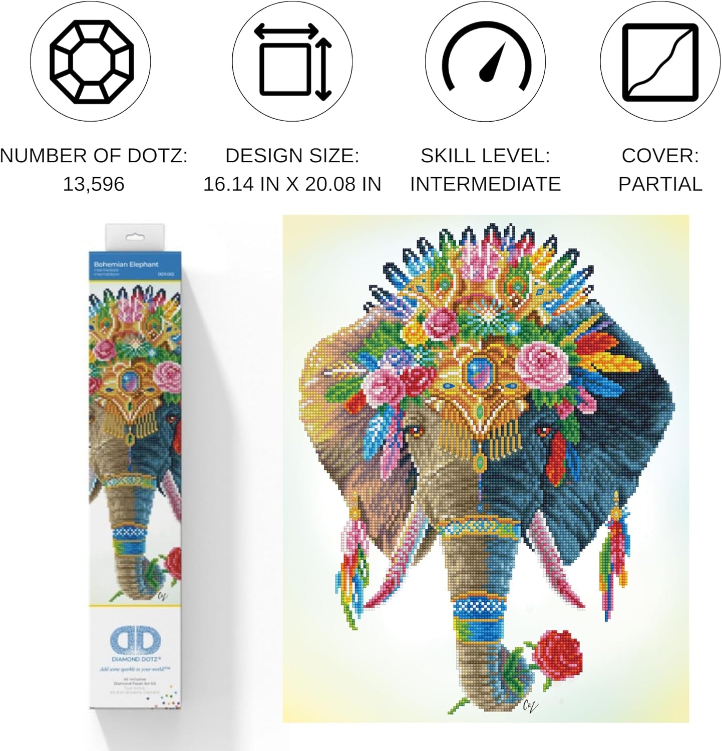 DIAMON DOT Bohemia Elephan Diamon Paintin Kit fo Adult Diamon Ar Kit Relaxin Creativ Craf Ki wit Dot Gem 16.1x20.1
