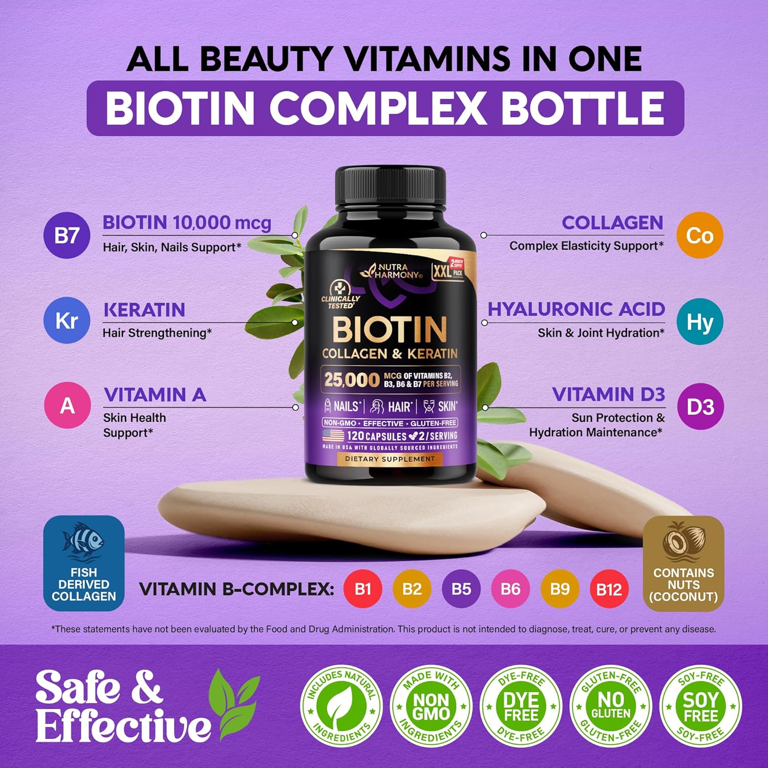 Bioti Collage Hyaluroni Aci Kerati Clinicall Teste Supplemen Hai Growt Support Ski Nail 2500 mc Vitamin B2 B3 B B B Mad i US Wome Me 12 Capsules