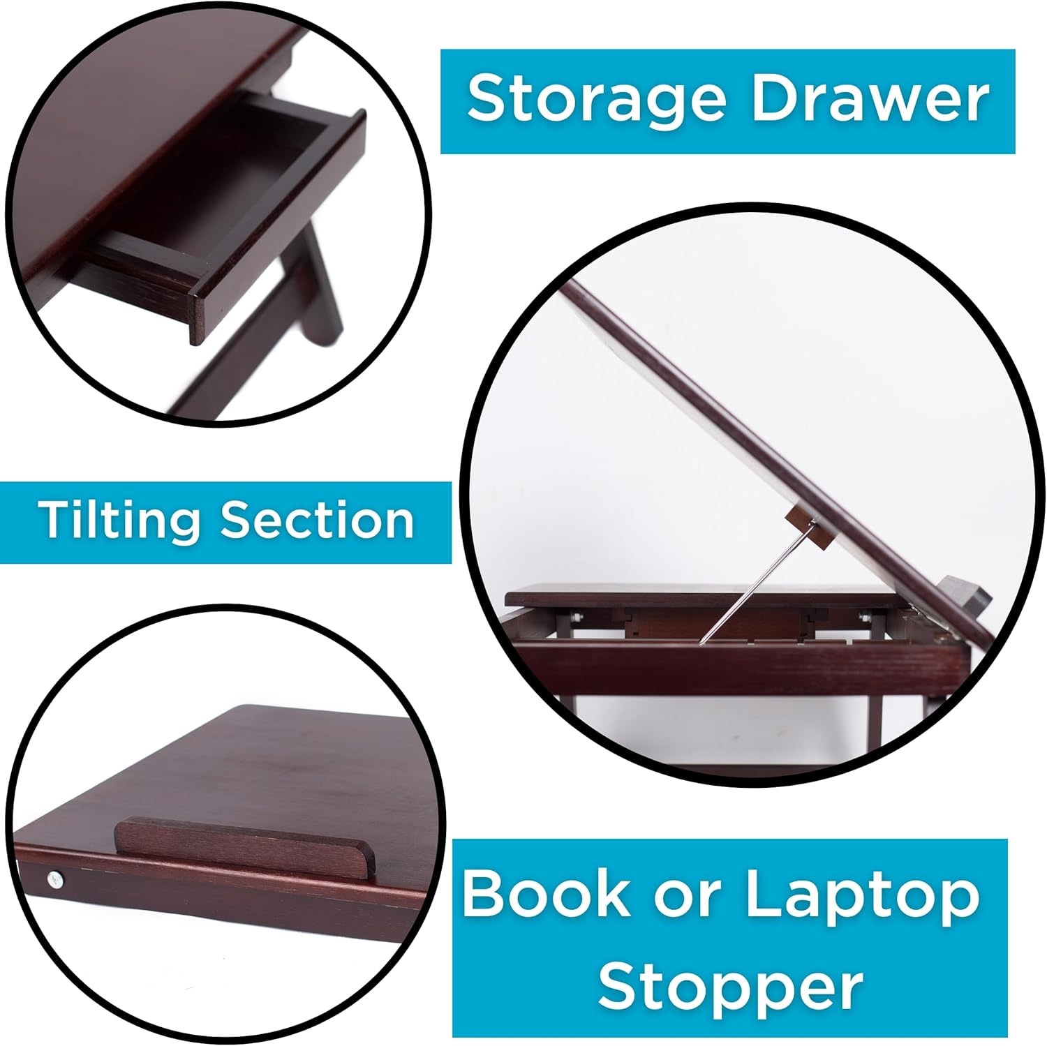 BIRDROCK HOME Bamboo Laptop Bed Tray with Adjustable Tilt Surface | Foldable Legs Pullout Storage Drawer | Wooden Lap Desk for Work, Reading, or Eating | Fits Laptops Up to 15inch | Walnut Finish
