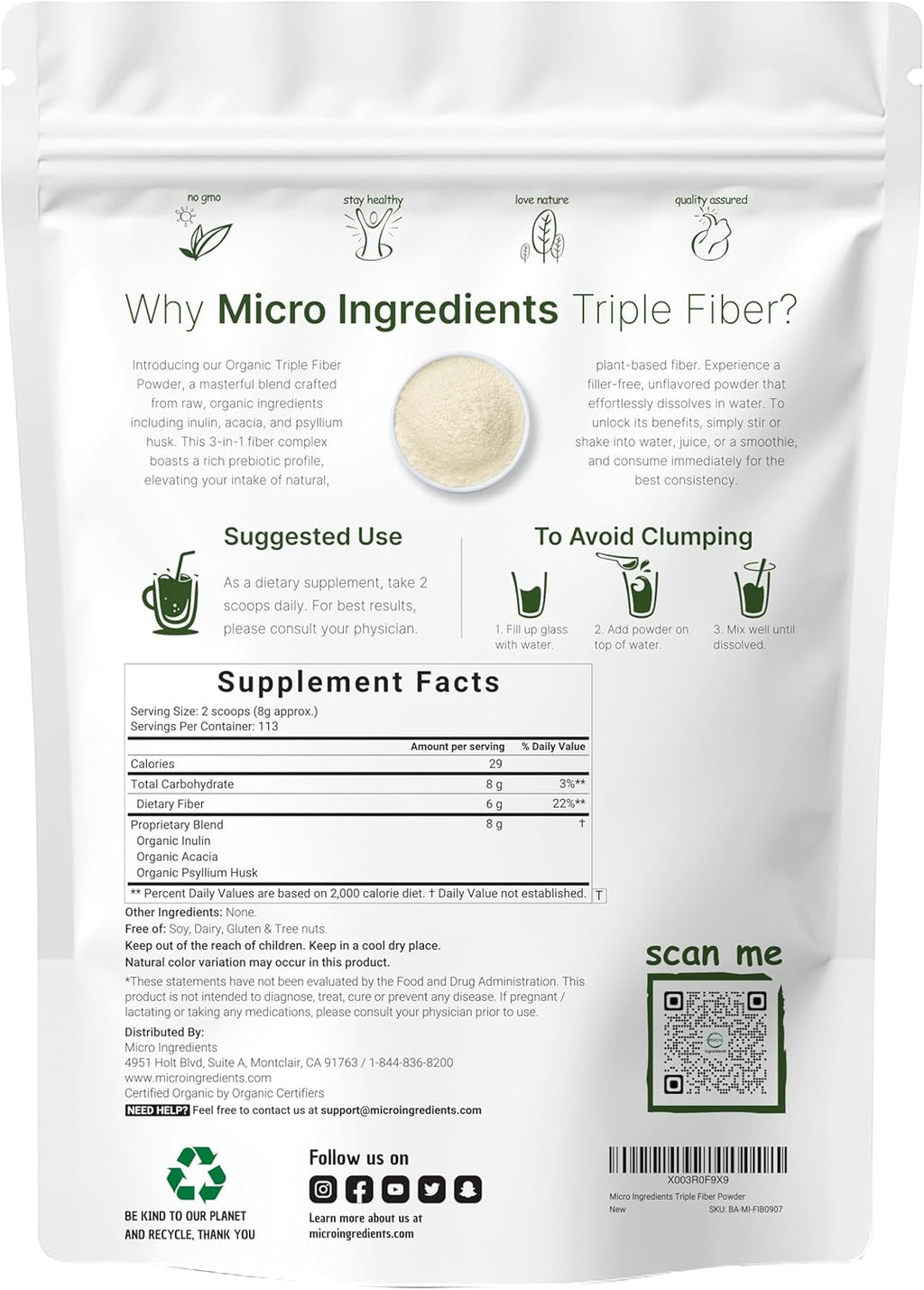 Micr Ingredient Organi Tripl Fibe Powder 2l Natura Prebioti t Suppor Digestiv Gu Healt Soluble Easil Digestibl Unflavored Vegan