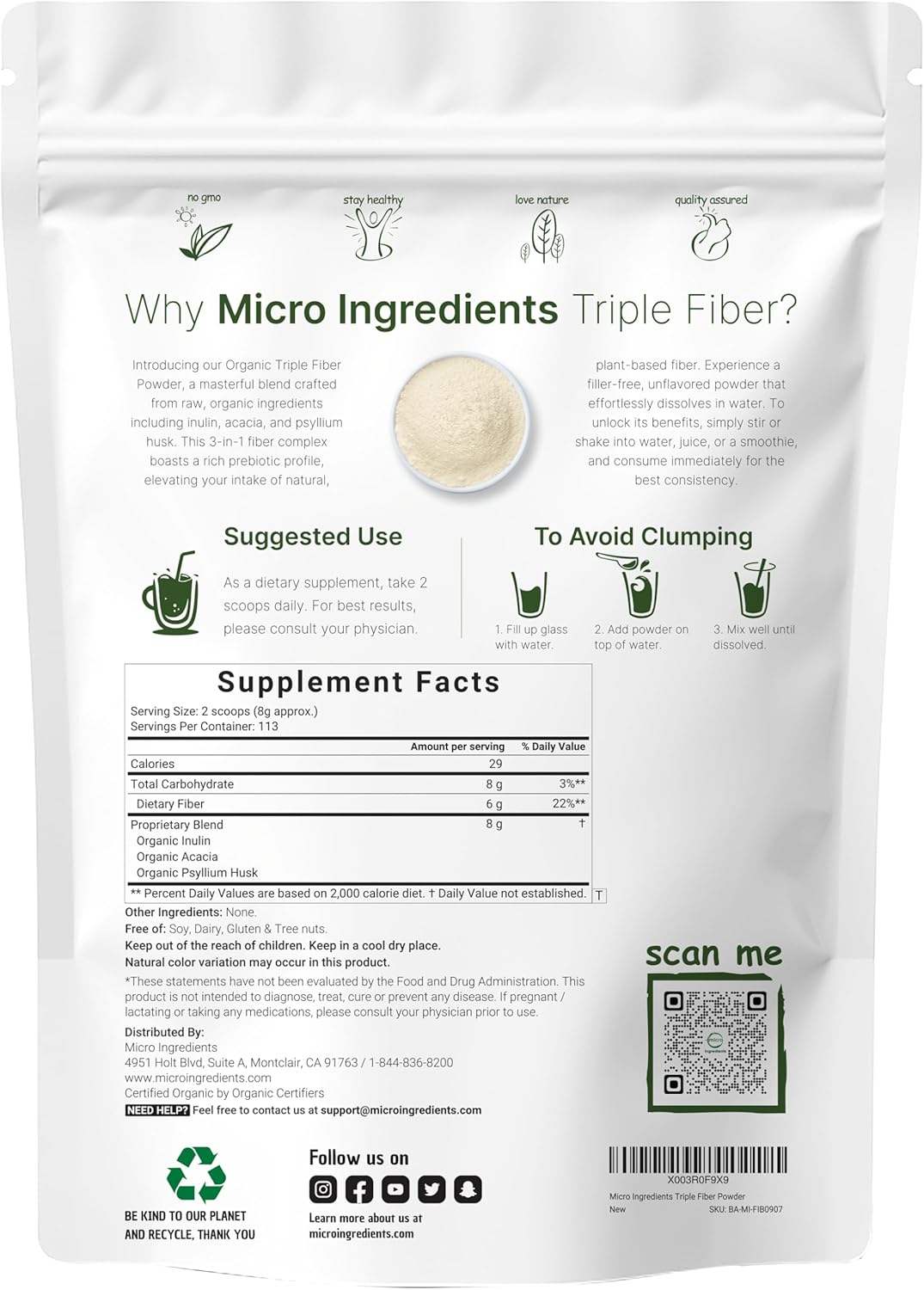 Micr Ingredient Organi Tripl Fibe Powder 2l Natura Prebioti t Suppor Digestiv Gu Healt Soluble Easil Digestibl Unflavored Vegan