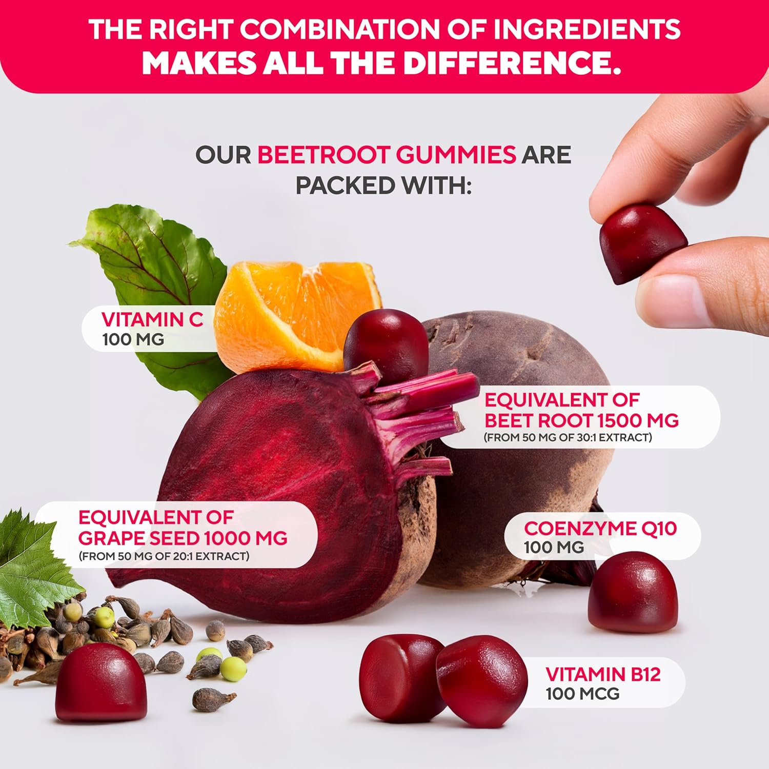 Beet Root Gummies ¨C Beet Gummies ¨C Red Beets Supplements with Beetroot, Grape Seed, Coq10, Vitamin C & B12 ¨C 60 Beet Chews
