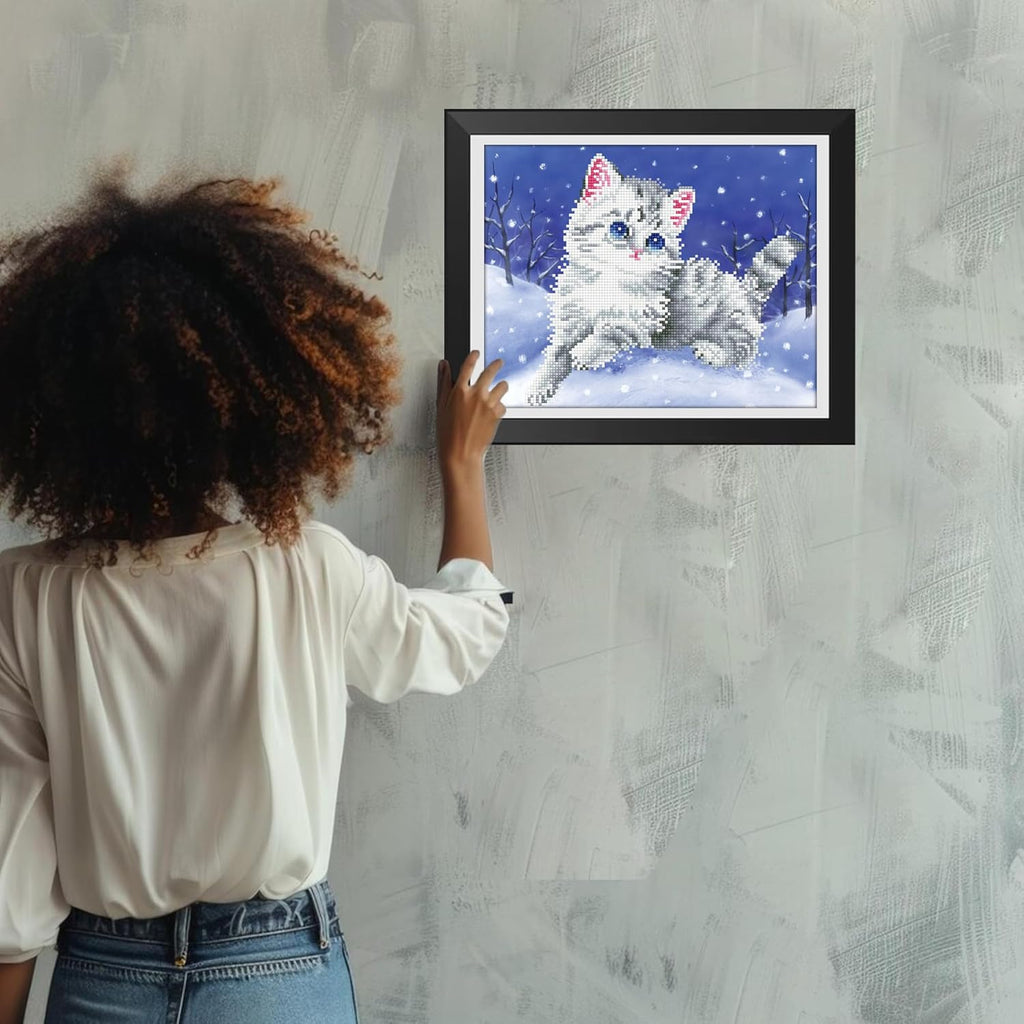 DIAMON DOT Kitte i Th Sno wit Fram Ca Diamon Paintin Kit fo Adult Diamon Ar Kit Relaxin Creativ Craf Ki wit Dot Gem 14inchx11inch