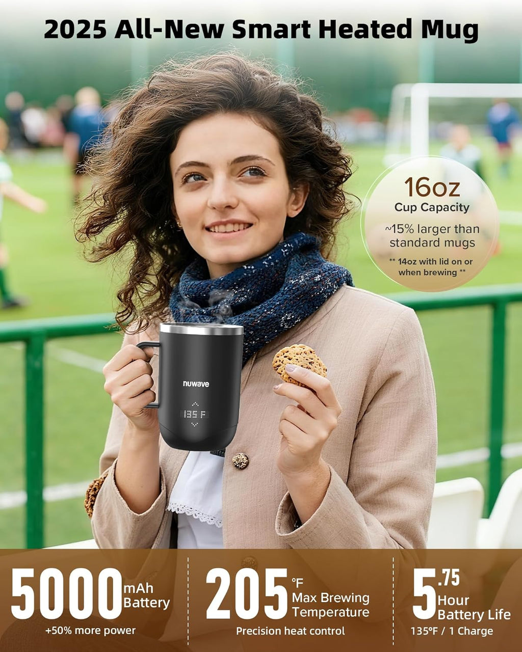 Nuwav Smar Heate Coffe Mu Rechargeable 16o Sel Heatin Temperatur Contro Mu wit LE Display Custo Bre Modes Double-Wal Vacuu Insulation 5-Hou Batter Life Aut Shut-Off