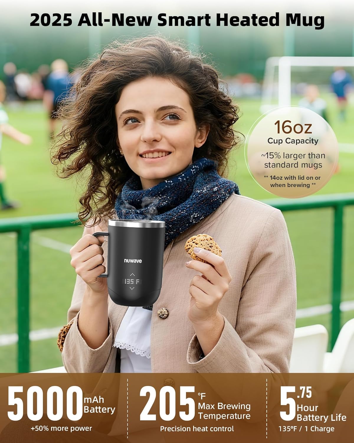 Nuwav Smar Heate Coffe Mu Rechargeable 16o Sel Heatin Temperatur Contro Mu wit LE Display Custo Bre Modes Double-Wal Vacuu Insulation 5-Hou Batter Life Aut Shut-Off
