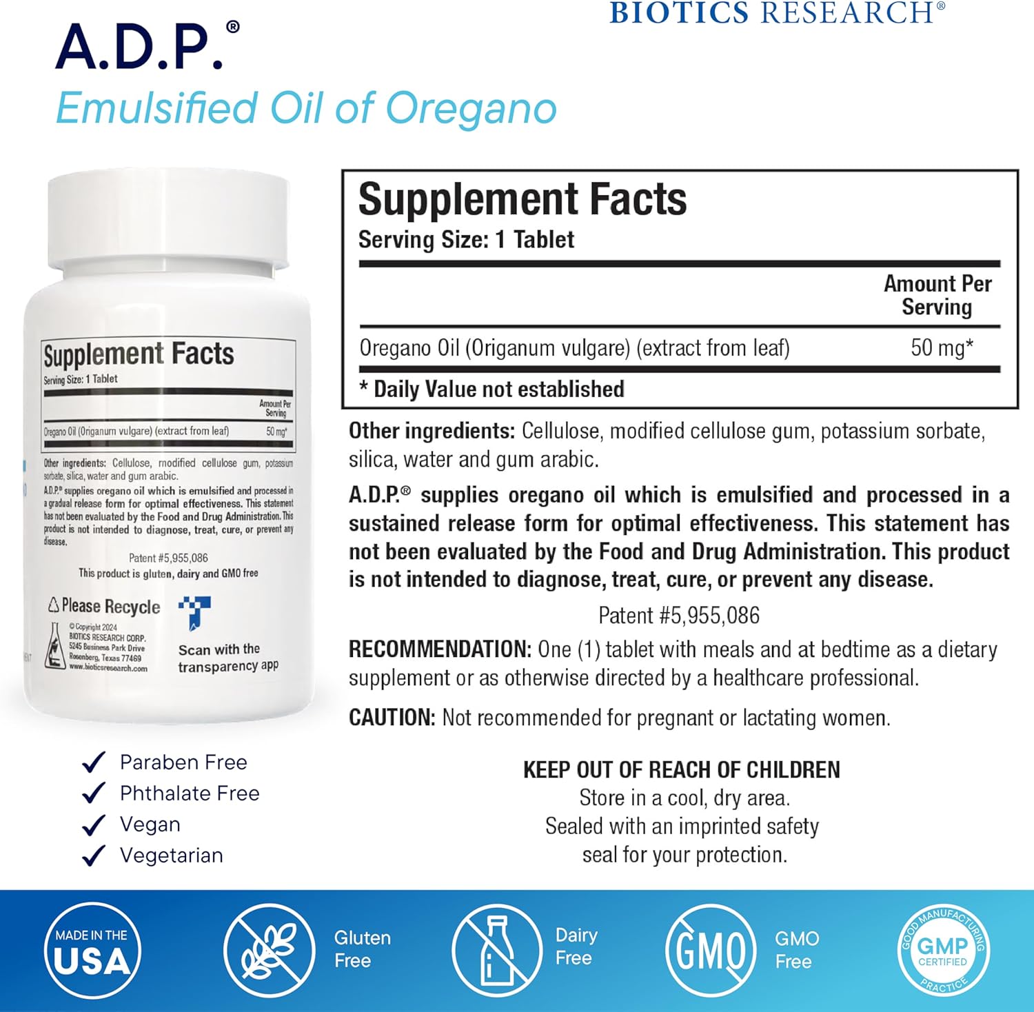 Biotics Research A.D.P. Emulsified Oil of Oregano Tablets for GI Health -Sustained Release for High Absorption Contains Carvacrol, Wild Oregano Oil 50mg/S - Patented Formula -Non GMO ¨C120 Tablets