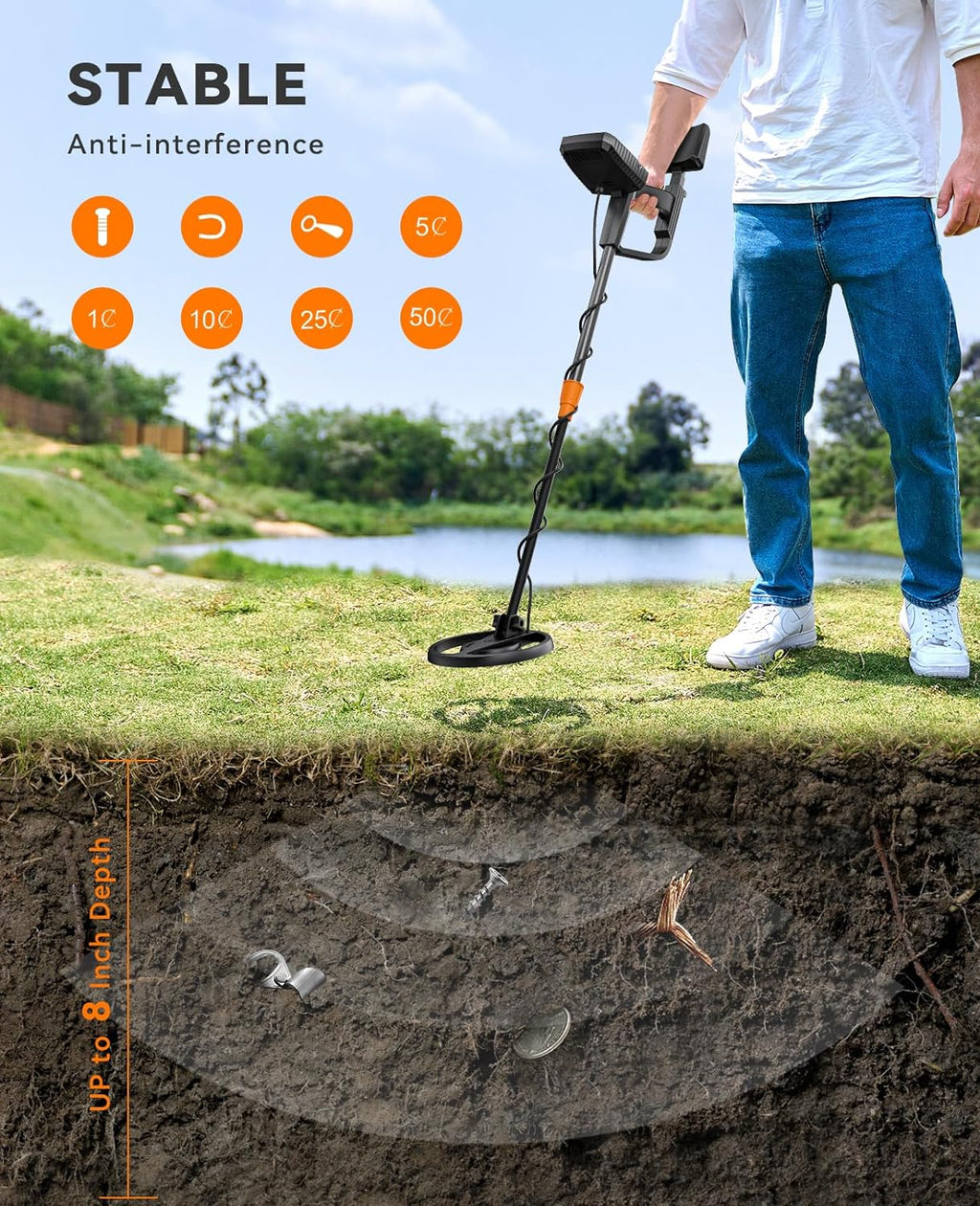 SUNPOW Metal Detector for Adults & Kids, Kids Metal Detector kit Waterproof for Gold Detecting, Stable Anti-Interference, Higher Accuracy, Bigger LCD Display, 4 Modes, 8inch Search Coil, MD13