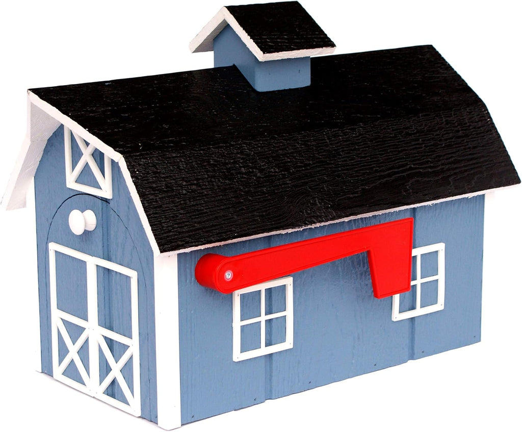 AmishToyBox.com Deluxe Wooden Mailbox, Dutch Barn Style (Country Blue with White Trim)