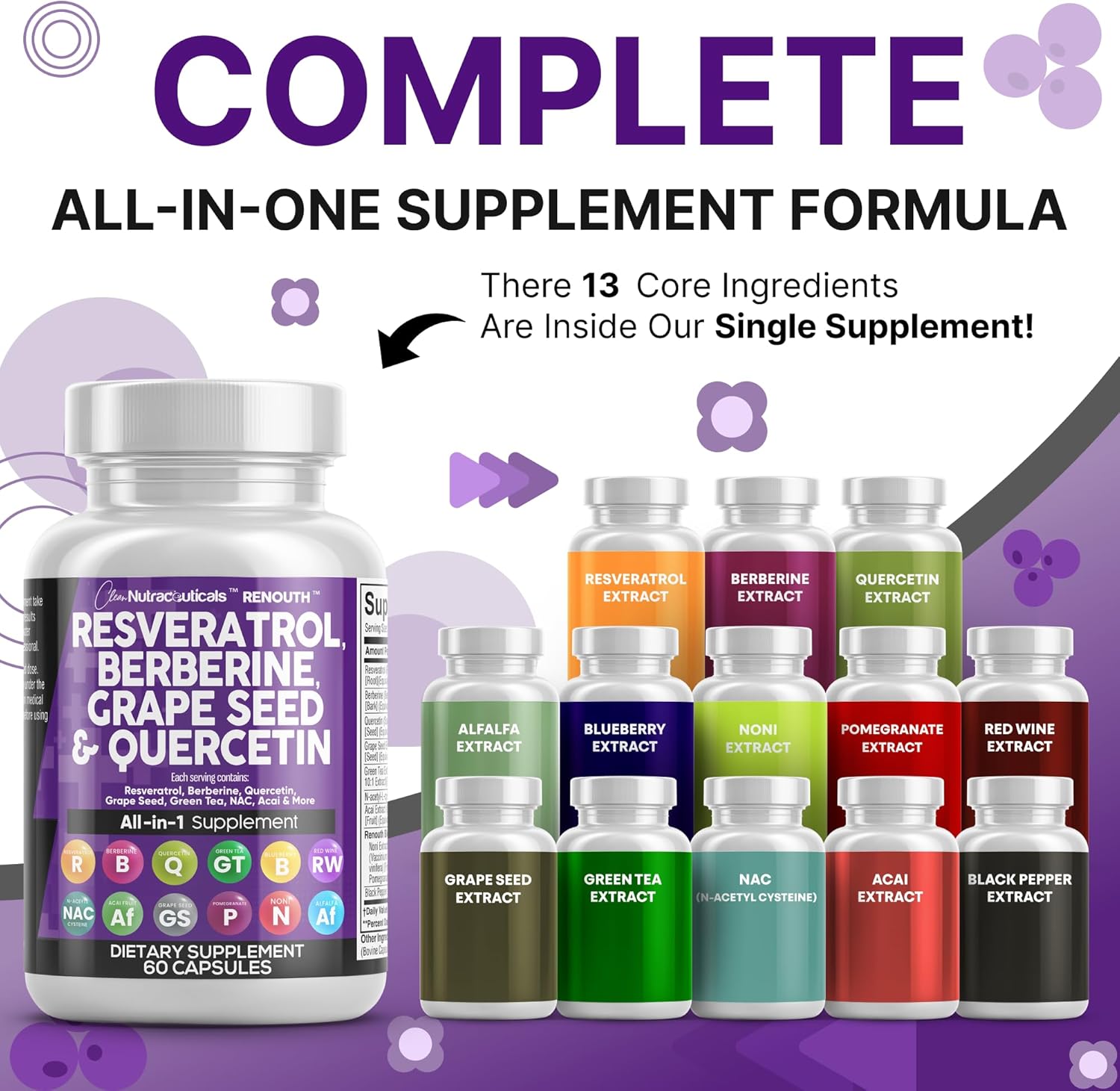 Clea Resveratro Supplemen Berberin Grap See Extrac Querceti Gree Te Extrac Aca Non Polypheno Supplemen fo Wome Me Ant Agin N-Acety Cystein NA Booster