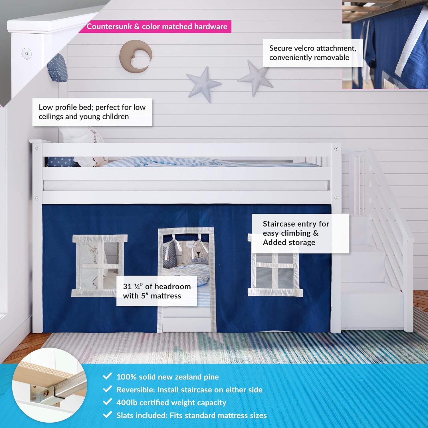 Max & Lily Low Bunk Bed, Twin-Over-Twin Bed Frame For Kids With Stairs and Curtains For Bottom, White/Blue