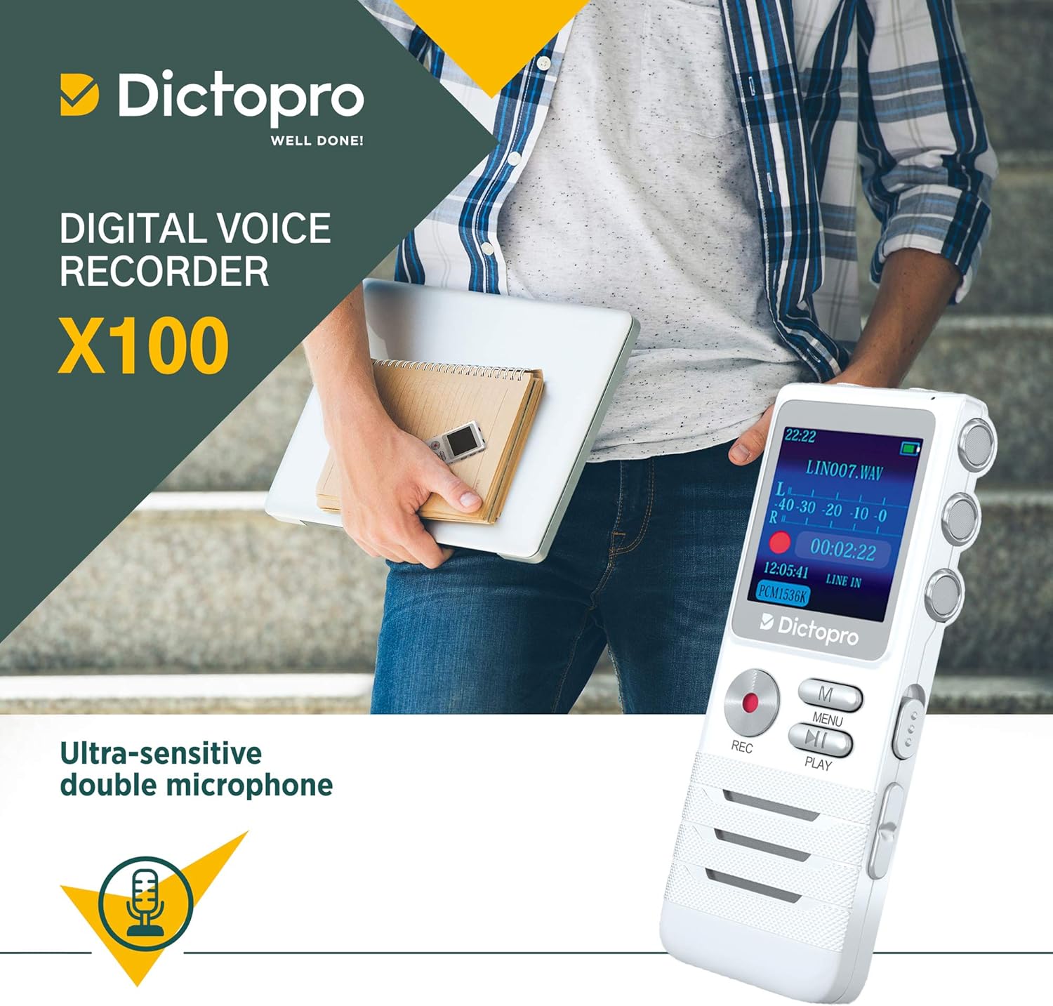 Voic Activate Digita Recorde Ultr Sensitiv Dua Mics 8GB 700 Storage Nois Reductio Dictophone Portabl Audi Recordin fo Lectures Meetings Interviews Work Doctor Dictopr X100