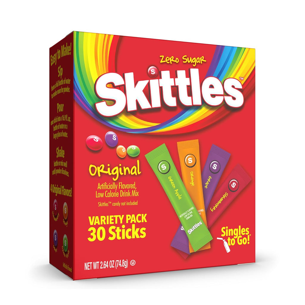 SINGLE T GO Skittle Variet Pack Waterto Powdere Drin Mix Zer Sugar Lo Calorie Include Flavors Gree Apple Strawberry Grape Orange Bo (3 Singl Servings)