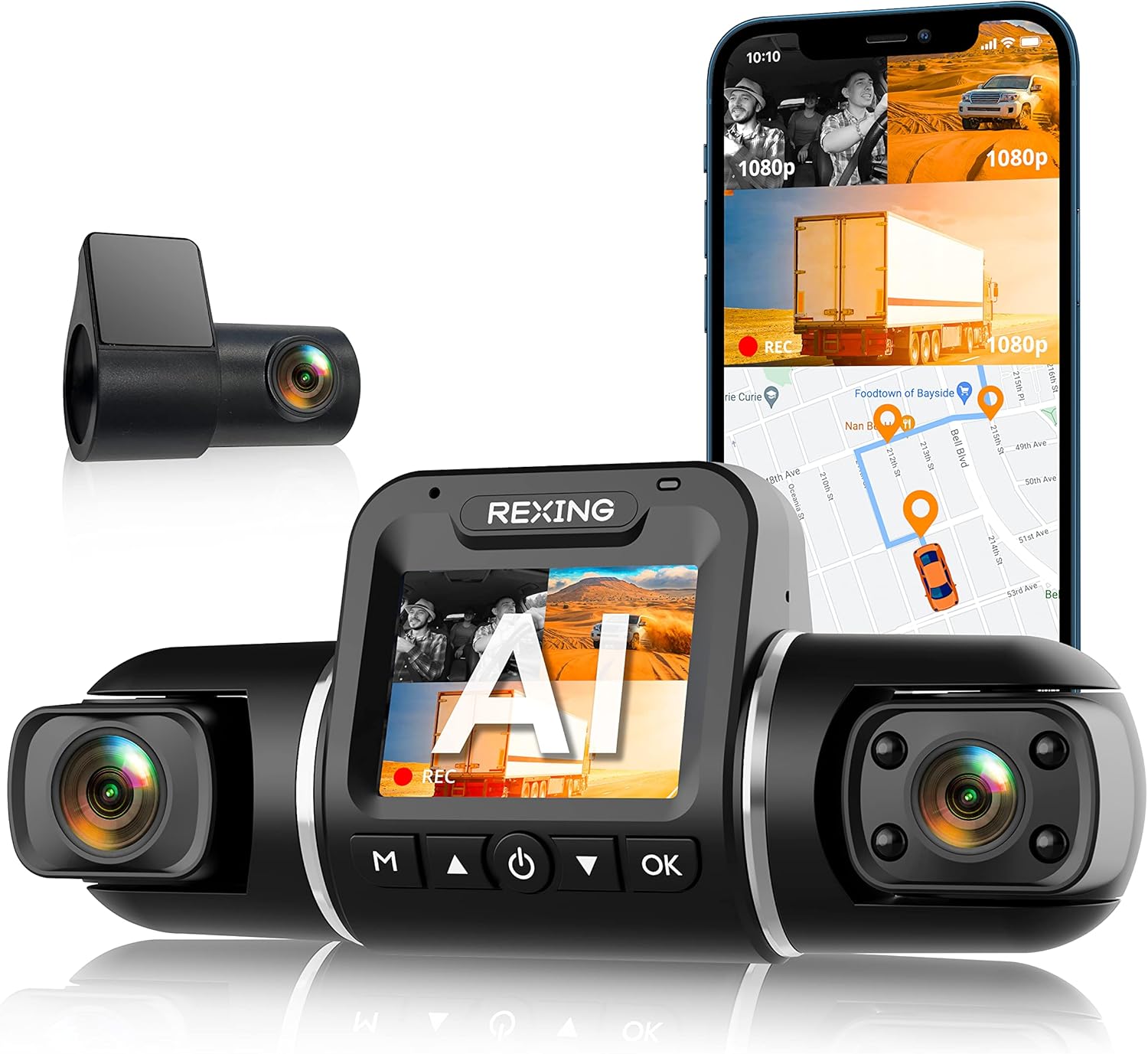V PR A Das Ca 3-Channe Front/Cabin/Rea 1080 Recordin wit Mobil Ap Nigh Visio Camer w/Fron Collisio Warning Pedestria Alert Lan Departur Warning,Clea t G Alert