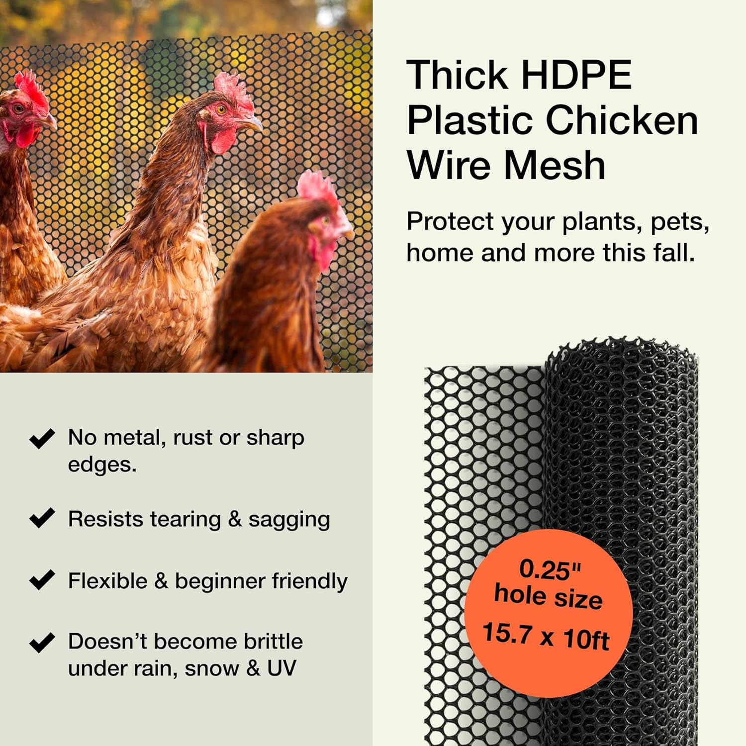 MaPorch Plastic Chicken Wire Mesh Fence - Black Mesh, 15.7 in x 10 ft - Quick-Install Chicken Wire Fencing - Plant Protectors from Animals - Weather Resistant Garden Netting - Pet & Poultry Netting