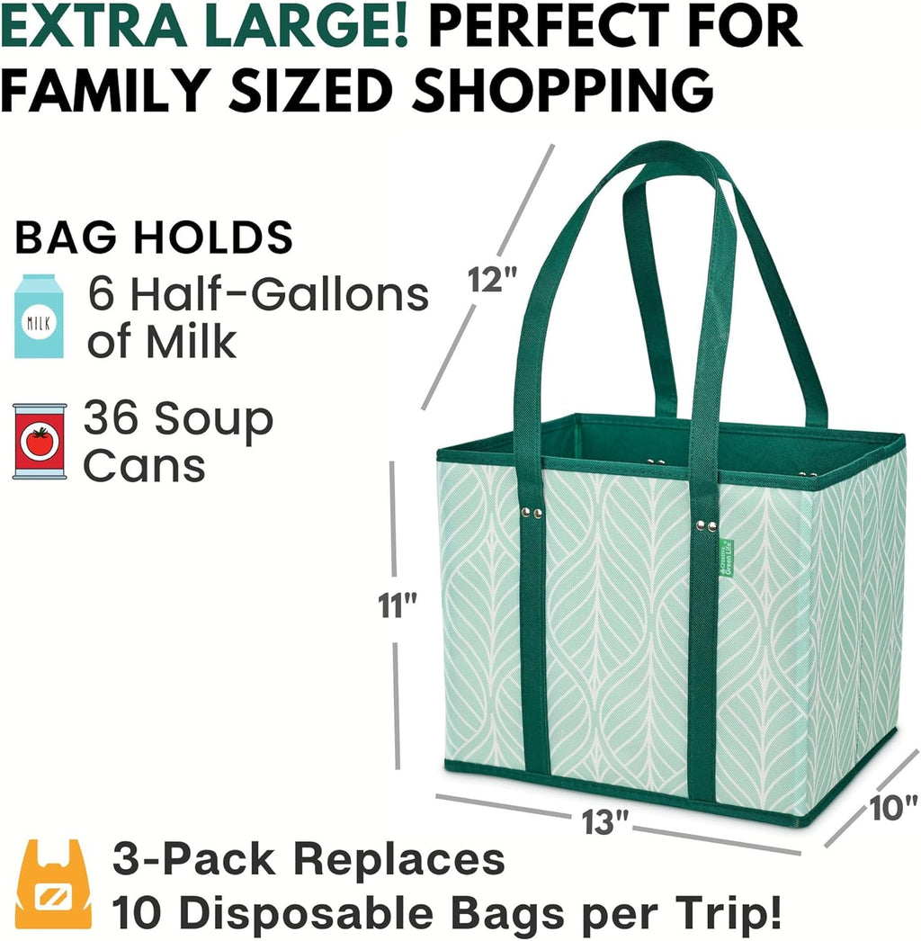 Reusable Grocery Bags (3 Pack) ¨C Heavy Duty Reusable Shopping Bags for Groceries with Box Shape to Stand Up, Stay Open, Fold Flat ¨C Large Tote-Bag is Foldable with Long Handles Hard Bottom (Green)