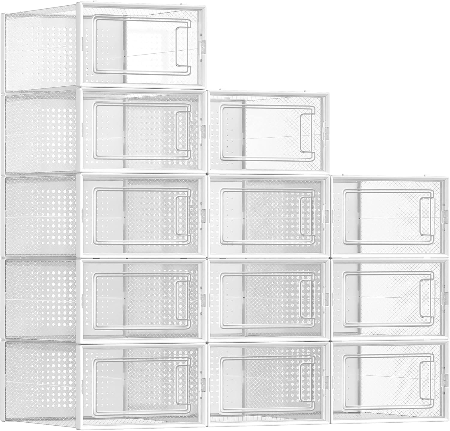 Shoe Boxes, Pack of 12 Shoe Storage Organizers, Stackable Clear Plastic Boxes for Closet, Sneakers, 13.1 x 9.1 x 5.6 Inches, Transparent and White ULSP12SWT