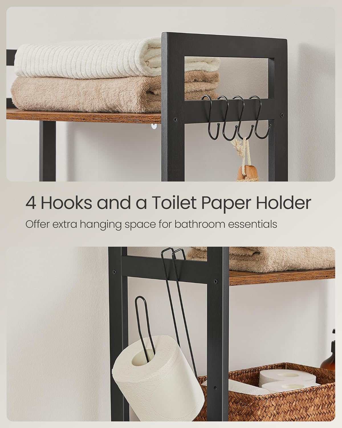 Over-The-Toilet Storage, 3-Tier Bathroom Organizer Over Toilet with Adjustable Shelves, Hooks, Bamboo, Freestanding Space Saver Bathroom Shelves, Rustic Brown and Ink Black UBTS012B01
