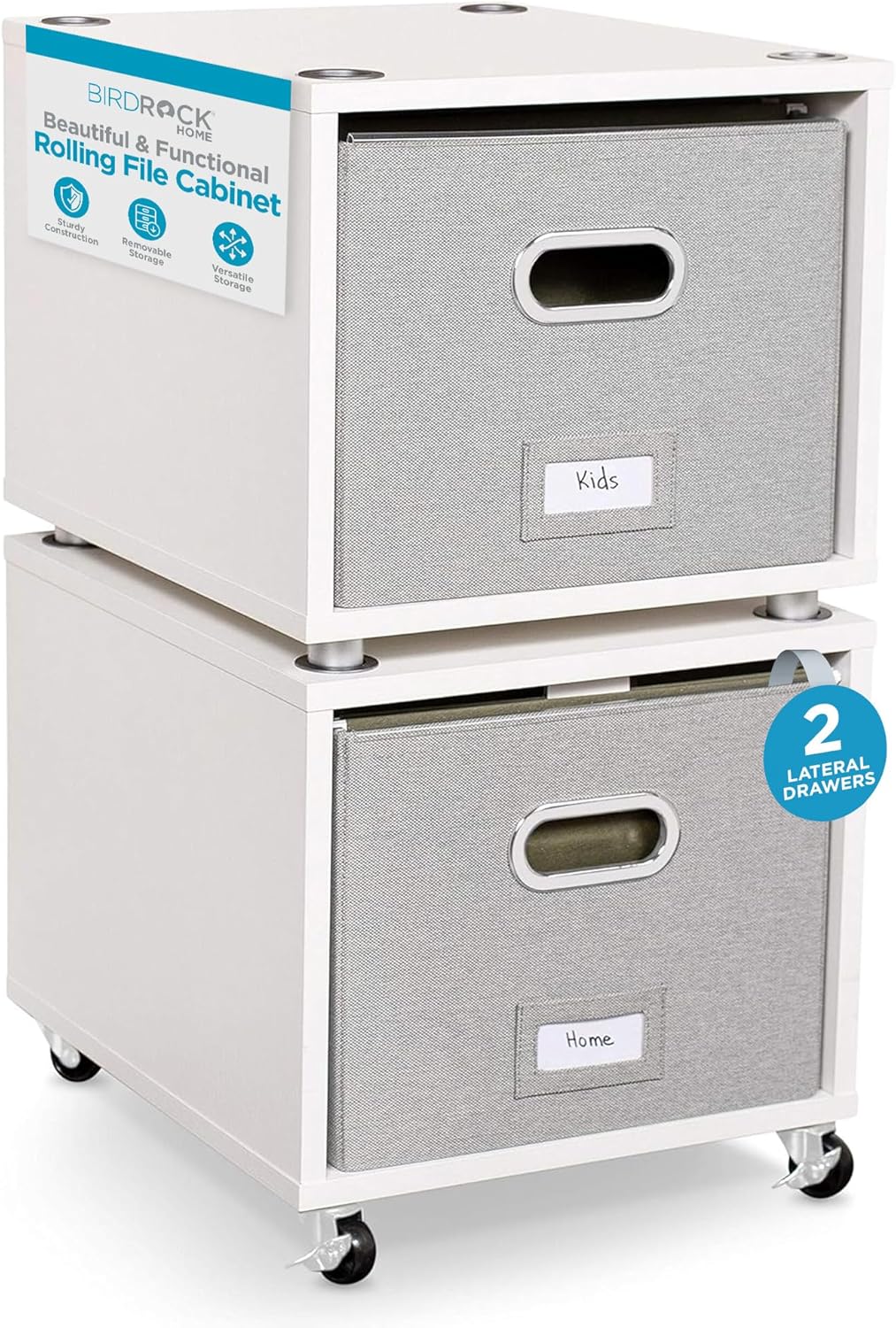 BIRDROCK HOME Rolling File Cabinet ¨C Decorative Storage Shelf w/Removable Bins, Handles, and Wheels ¨C Organize Files, Books, Toys, Under Desk Office Solution, Modern Design - 2 Lateral Drawers, White