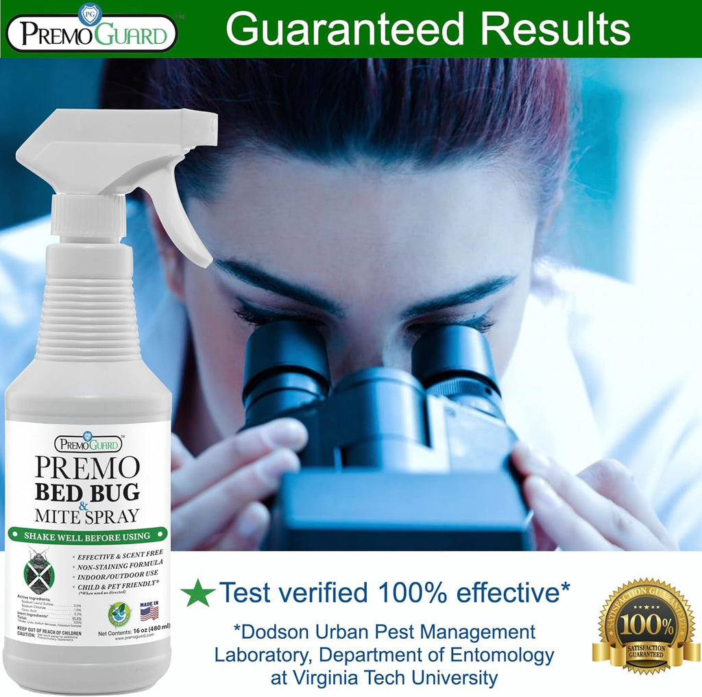 Premo Guard Bed Bug Killer Spray 16 oz - University Tested 100% Kill Rate - Natural Non Toxic, Stain Scent Free - Kill Bedbugs Mites On Bed Blankets, Furniture, Clothing - Child Pet Safe