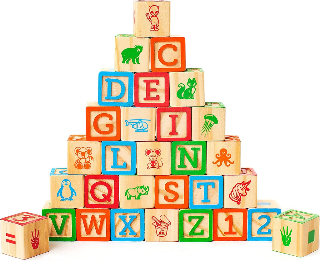 Buildin Block fo Toddler 1- Year Old 3 Larg Stackabl Woode Bab Block wit Alphabe an Numbe Icon o Ever Side To Wago Included?