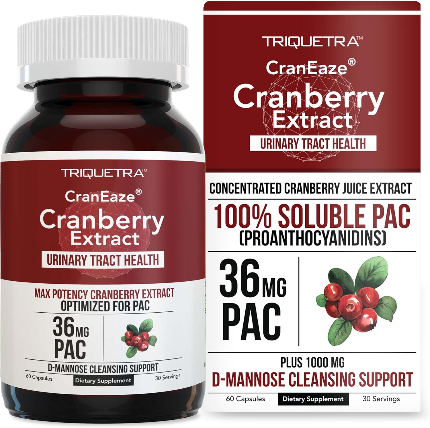 CranEaze: Cranberry Juice Extract Plus D-Mannose ¨C 36 mg PAC, 100% Soluble PAC - Supports Urinary Tract Health ¨C Most Effective Cranberry Pills for Women, UTI Cranberry Supplement - 60 Capsules