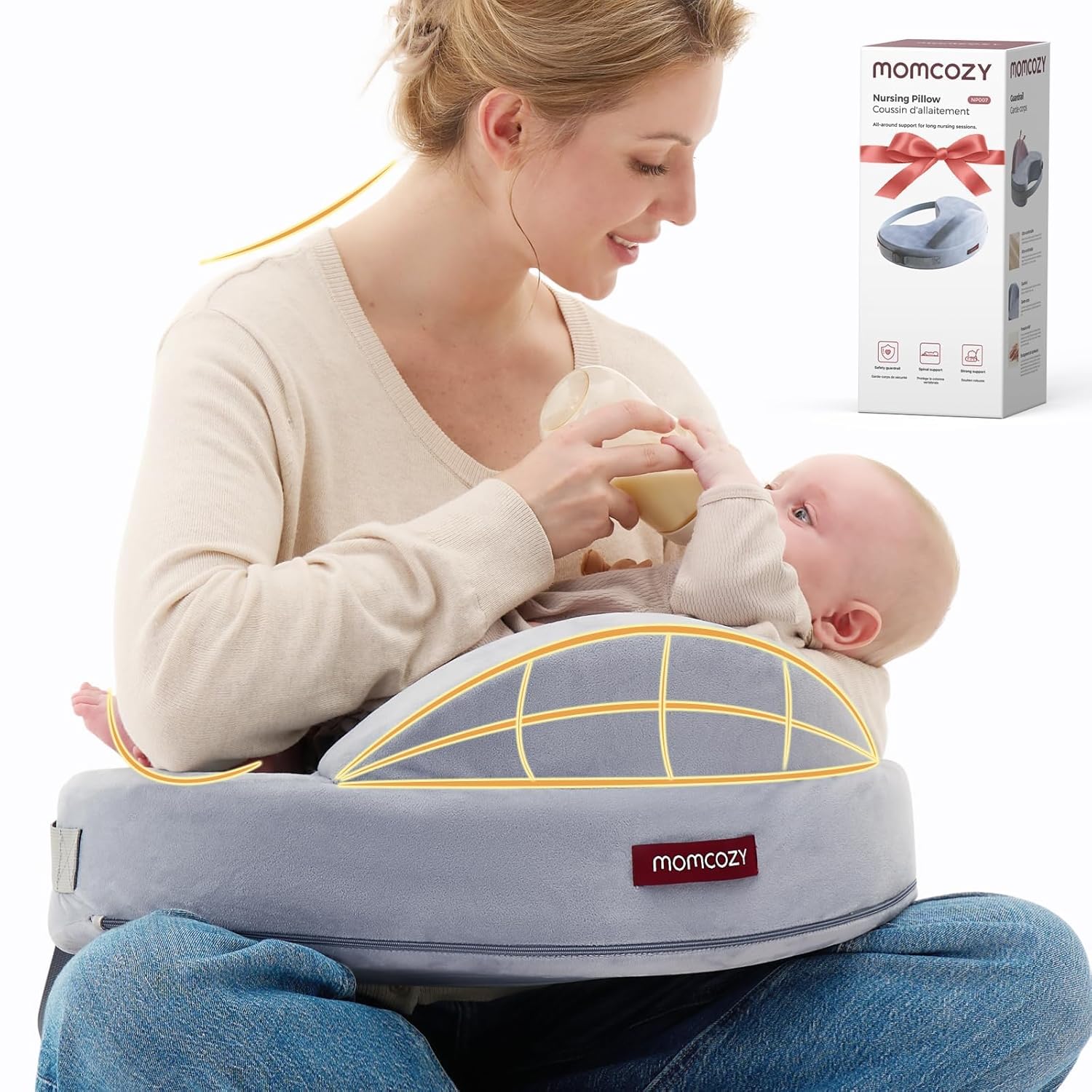 Momcozy Innovative Safety Fence Nursing Pillow - Firm Springy Memory Foam - Stable, Ergonomic Support Comfort - Wider Breastfeeding Cushion, Adjustable, Removable Cover, Baby Safety Certified