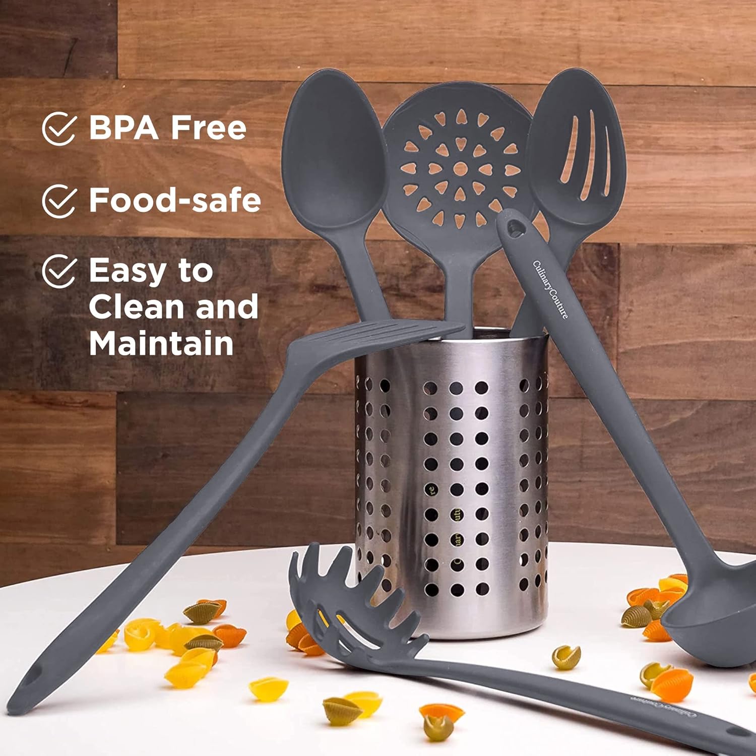 Culinary Couture Grey Silicone Kitchen Utensils Set of 6, Non-Stick Heat-Resistant Silicone Kitchen Utensils Set with Steel Inner Core