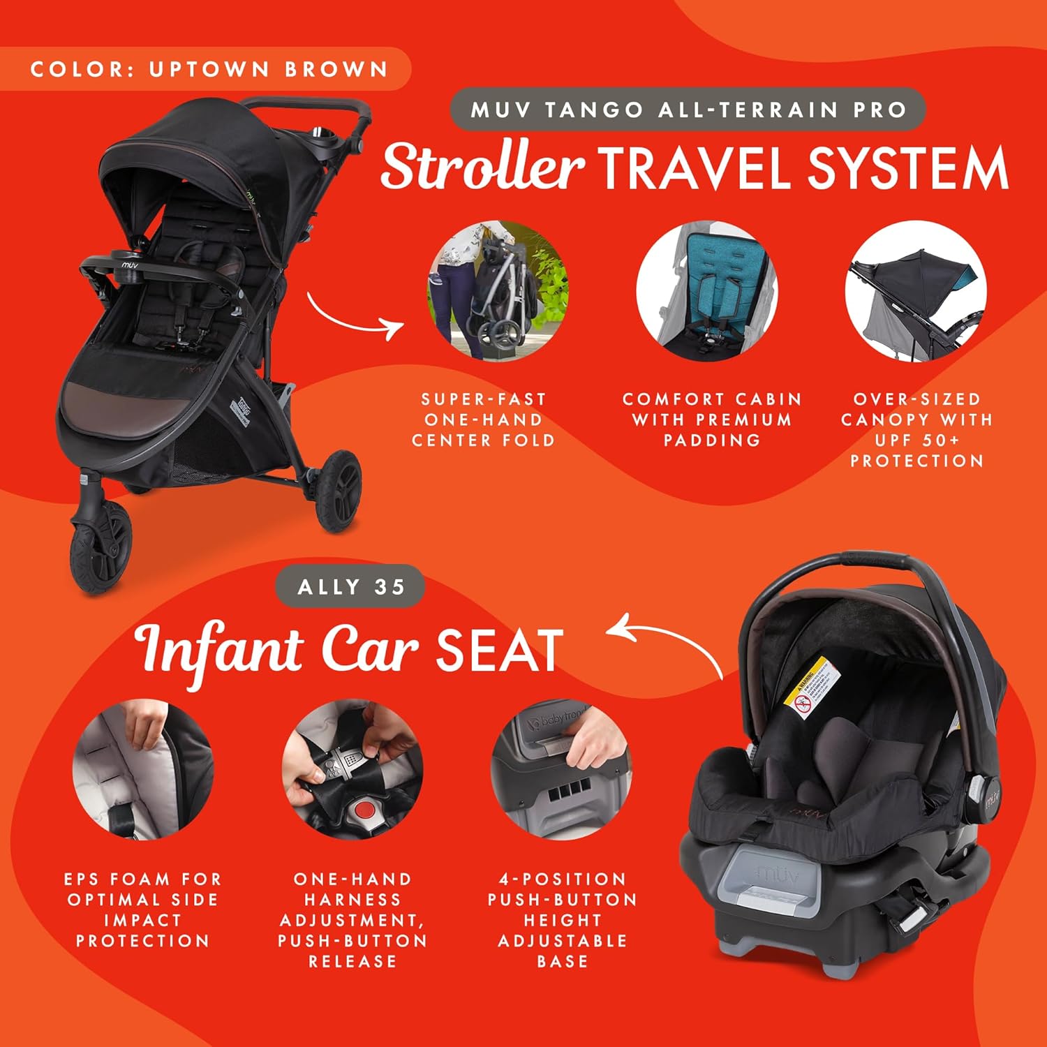 Bab Tren Tang Pr Bab Strolle wit All 3 Infan Ca Seat Adjustabl Canopy Storag Baske Cu Holders Uptow Brow Lightweigh Foldabl Trave Syste fo Toddler Infants
