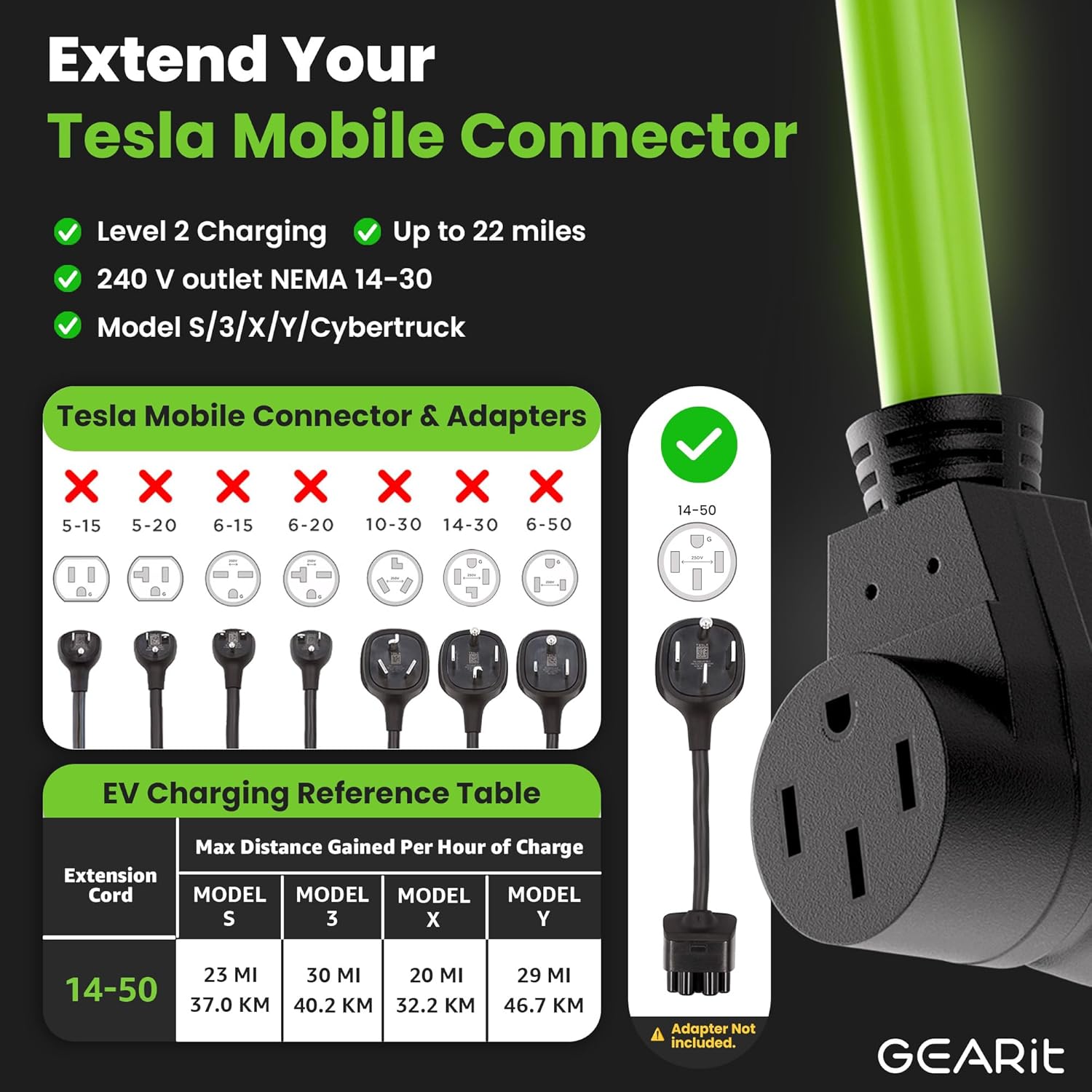 GEARit 50-Amp Extension Cord for RV & EV, 250-Volt, 4-Prong, Compatible with Tesla Models, NEMA 14-50P to 14-50R 6/3, 8/1 STW AWG Gauge, Waterproof, 75 ft, Green