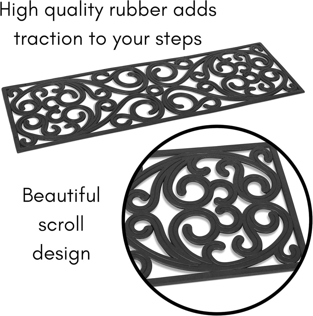 BIRDROCK HOME 10inch x 30inch Rubber Stair Mat with Scroll Design | 4 Pack | Tread Mat | Keeps Your Floors Clean | Outdoor Doormat | Decorative Design