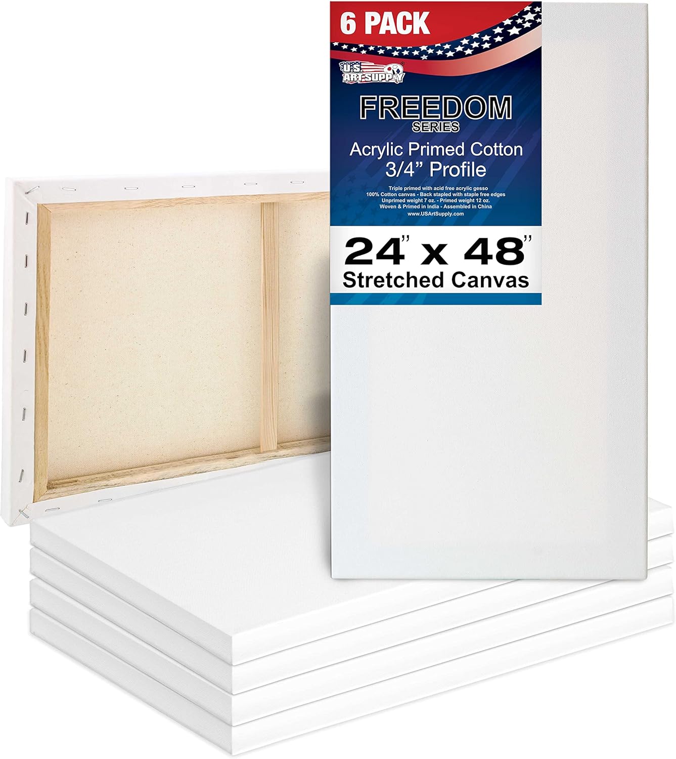 U.S. Art Supply 24 x 48 inch Stretched Canvas 12-Ounce Primed 6-Pack - Professional White Blank 3/4inch Profile Heavy-Weight Gesso Acid Free Bulk Pack - Painting, Acrylic Pouring, Oil Paint