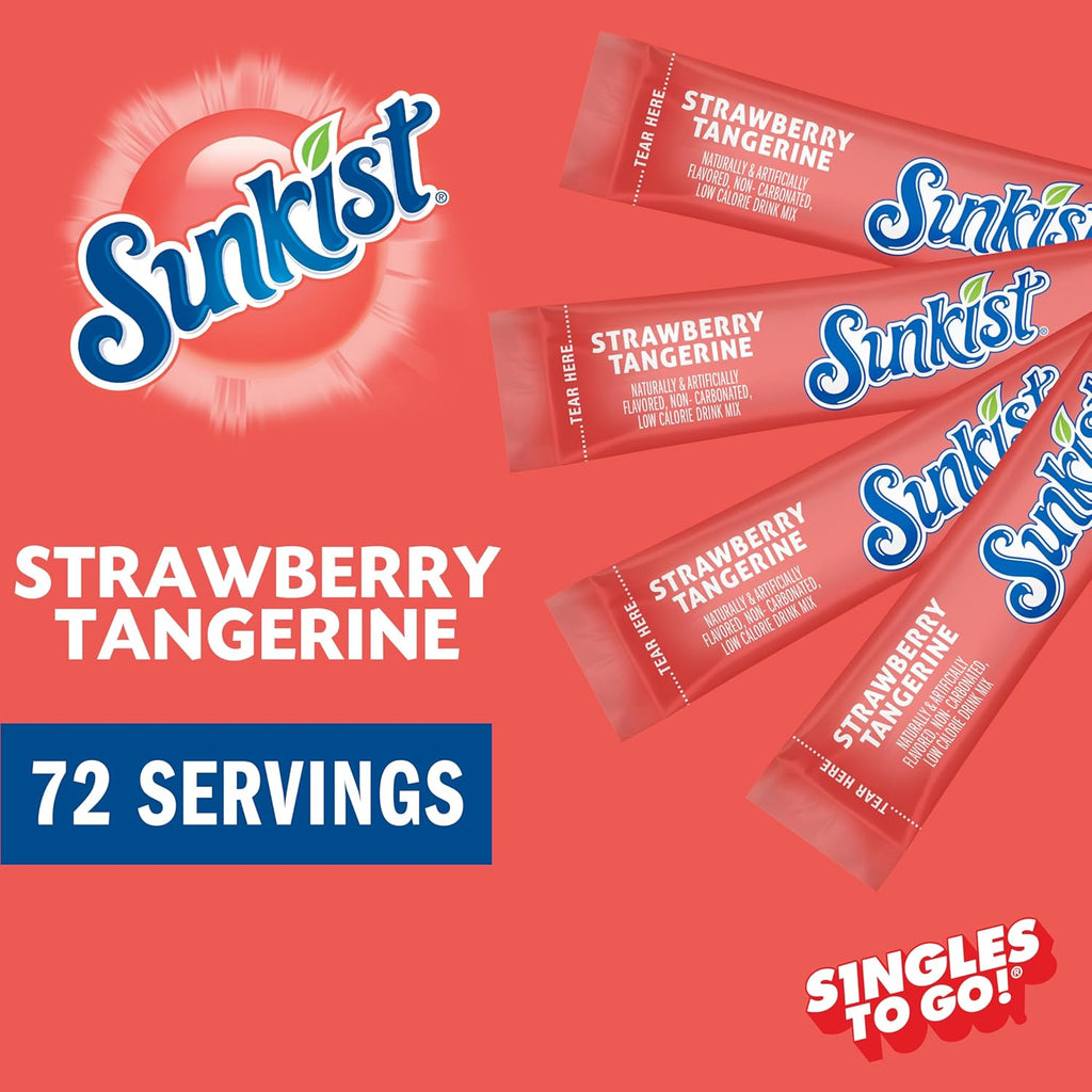 Sunkist Singles to go Drink Mix Packets, Strawberry Tangerine, 6-Count Box ¨C Powdered Drink Packets with Vitamin C, 72 Total Powder Sticks