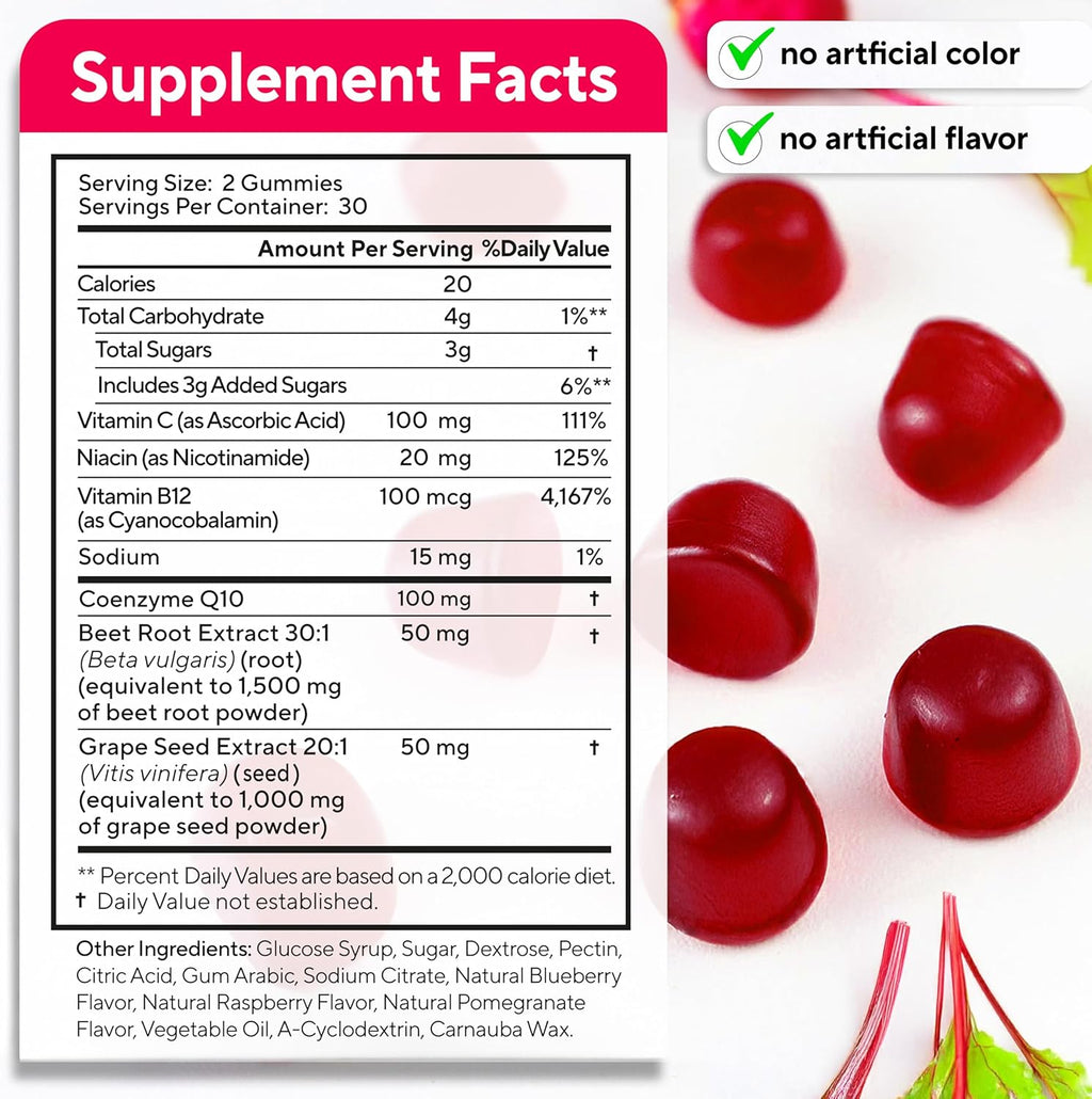 Beet Root Gummies ¨C Beet Gummies ¨C Red Beets Supplements with Beetroot, Grape Seed, Coq10, Vitamin C & B12 ¨C 60 Beet Chews