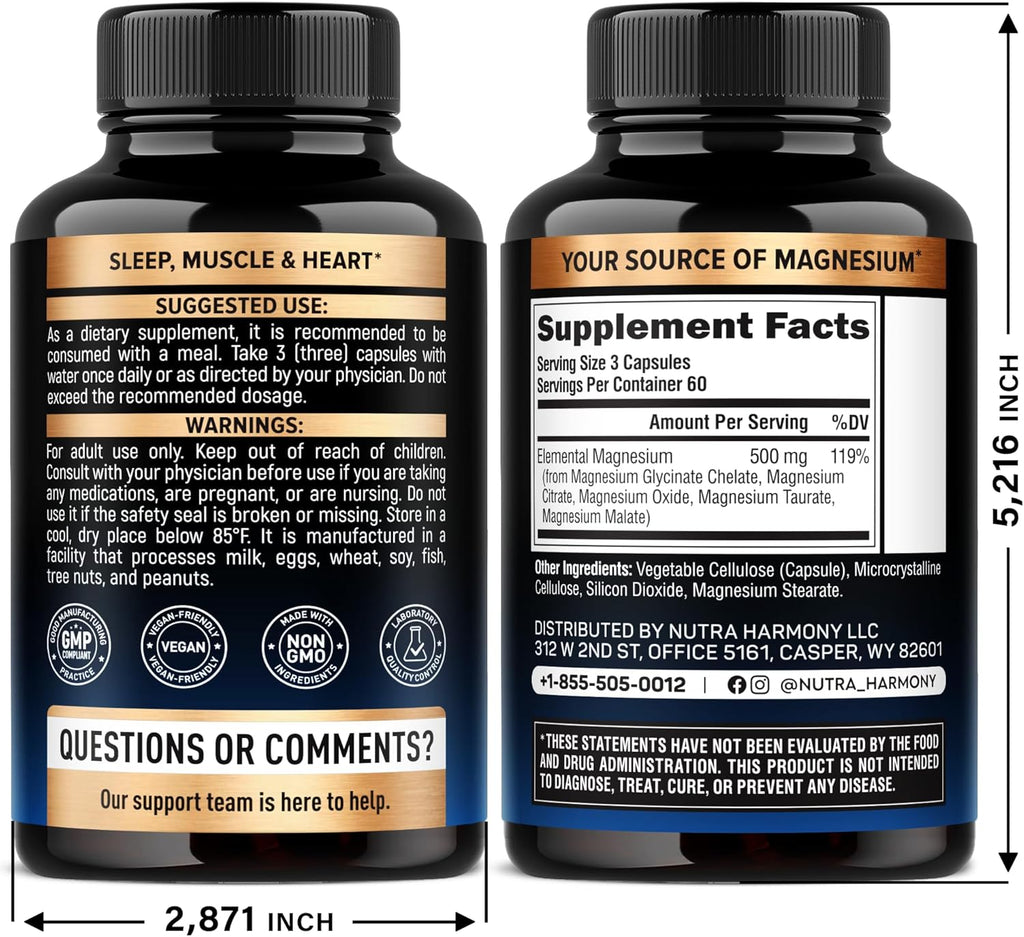 Magnesium Supplement - 5 in 1 Complex | Glycinate | Citrate | Malate | Taurate | Oxide - Made in USA - Stress, Muscle & Heart Support - Vegan, Natural, Non-GMO - 180 Capsules, 2 Month Supply