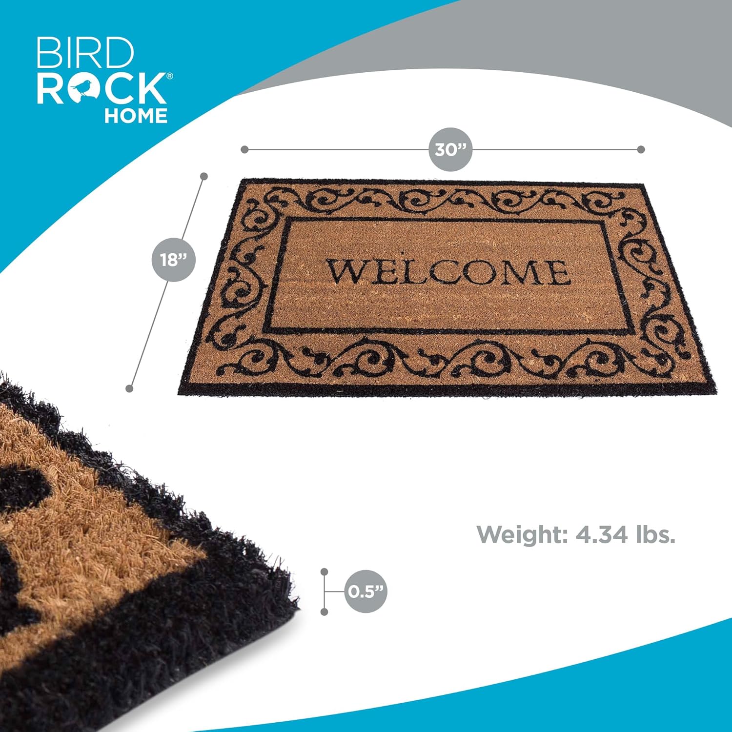 BIRDROCK HOME Welcome Coir Doormat with Scroll Border | 18 x 30 Inch | Standard Welcome Mat with Black Decorative Border | Natural Fade | Vinyl Backed | Outdoor