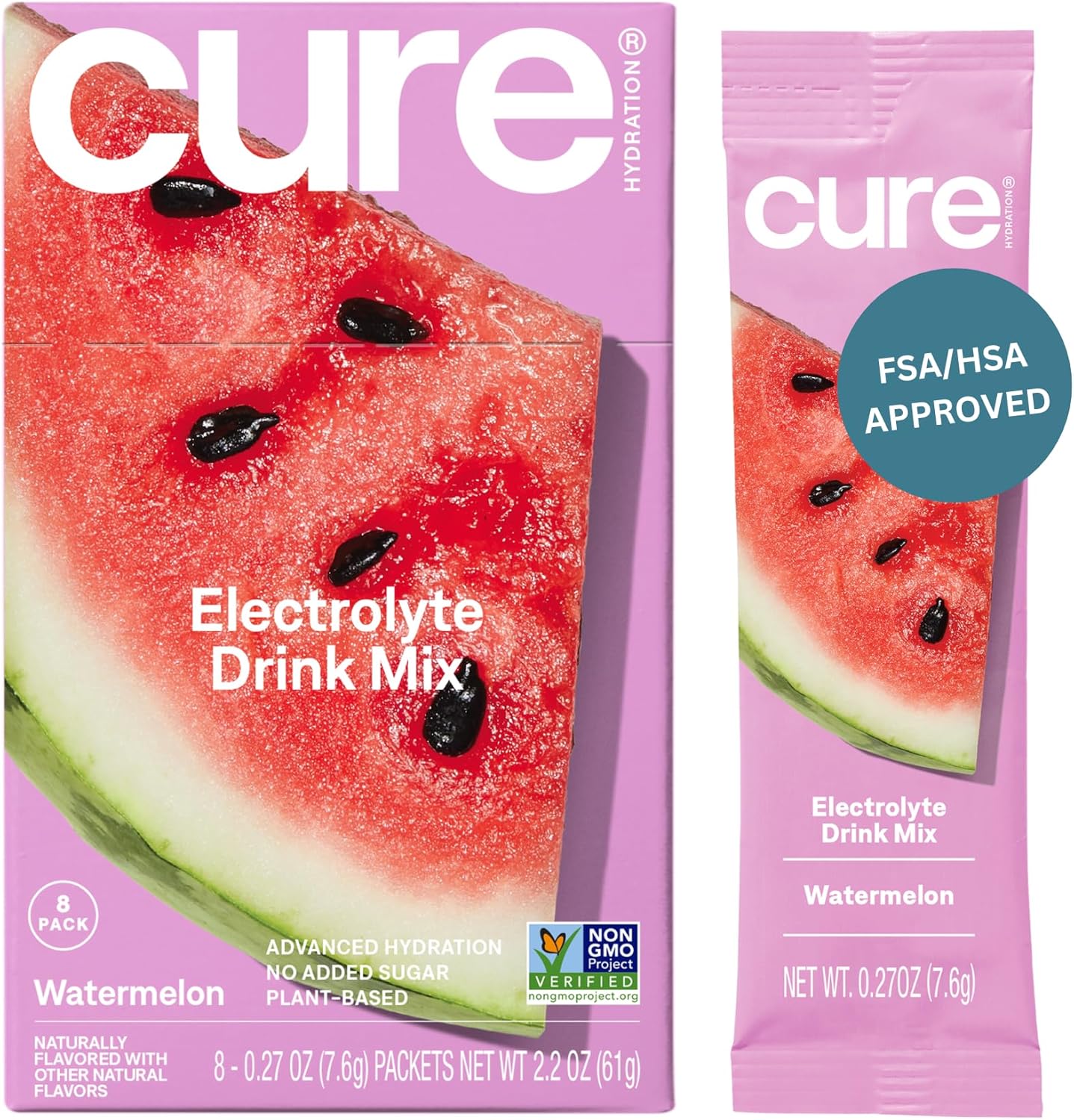 Cure Hydration Plant-Based Electrolyte Drink Mix | No Added Sugar | Dehydration Relief | Coconut Water Powder | FSA-HSA Eligible | Non-GMO, Vegan | 8 Packets ¨C Watermelon