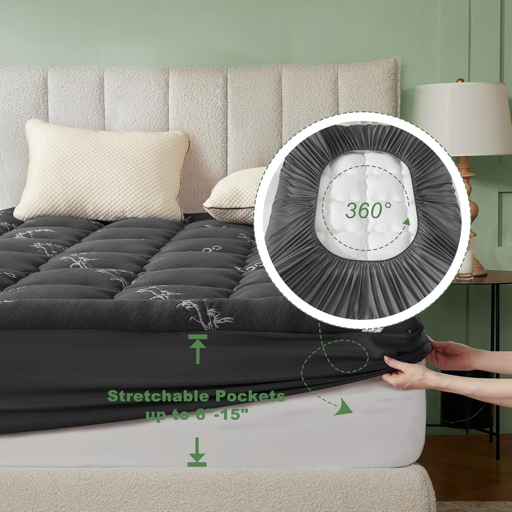 Twin XL Mattress Topper Viscose Derived from Bamboo, Thick Pillow Top Mattress Pad with Deep Pockets for 6-15 inches Mattress, Soft Mattress Topper College Dorm Size for Back Pain(Dark Gray)