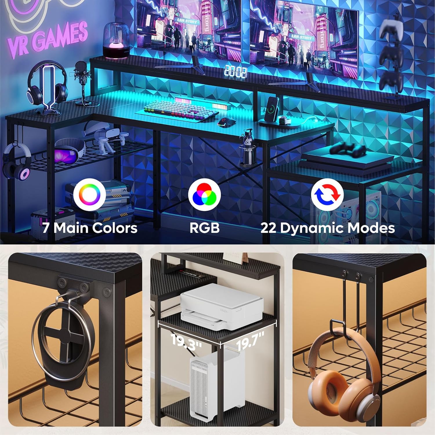 Bestier LED Gaming Desk with Power Outlets, 71 inch L Shaped Computer Desk with Monitor Stand, Large Desk with Printer Stand Adjustable Shelf, Cup Holder & Hooks, Home Office Desk Black