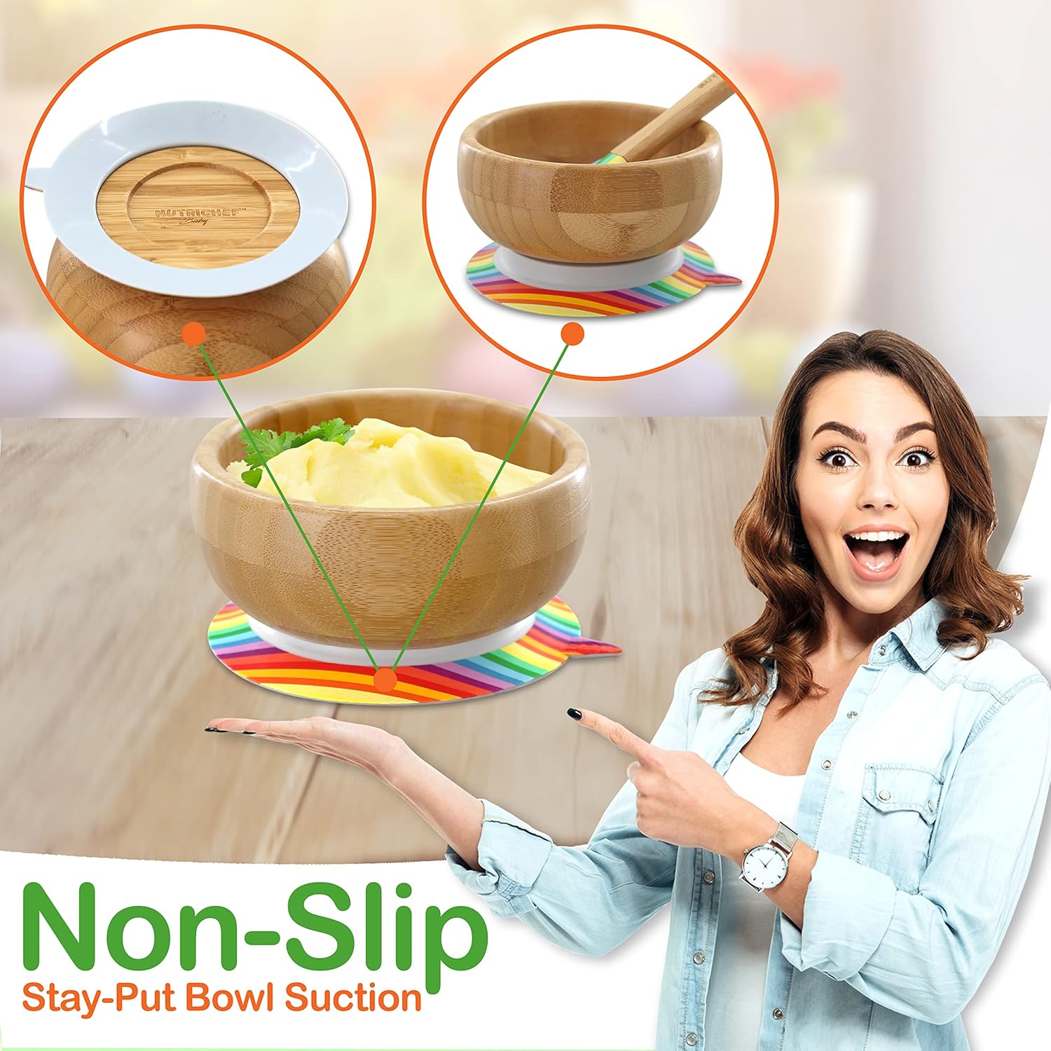 NutriChe Bab an Toddler compartmen plate bowl an spoo feedin set silicon suction Non-toxi al natura Bambo bab foo plat wit silicon bi (Rainbow) Small