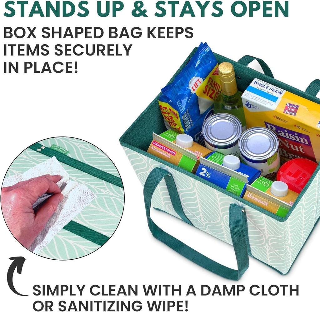 Reusable Grocery Bags (3 Pack) ¨C Heavy Duty Reusable Shopping Bags for Groceries with Box Shape to Stand Up, Stay Open, Fold Flat ¨C Large Tote-Bag is Foldable with Long Handles Hard Bottom (Green)
