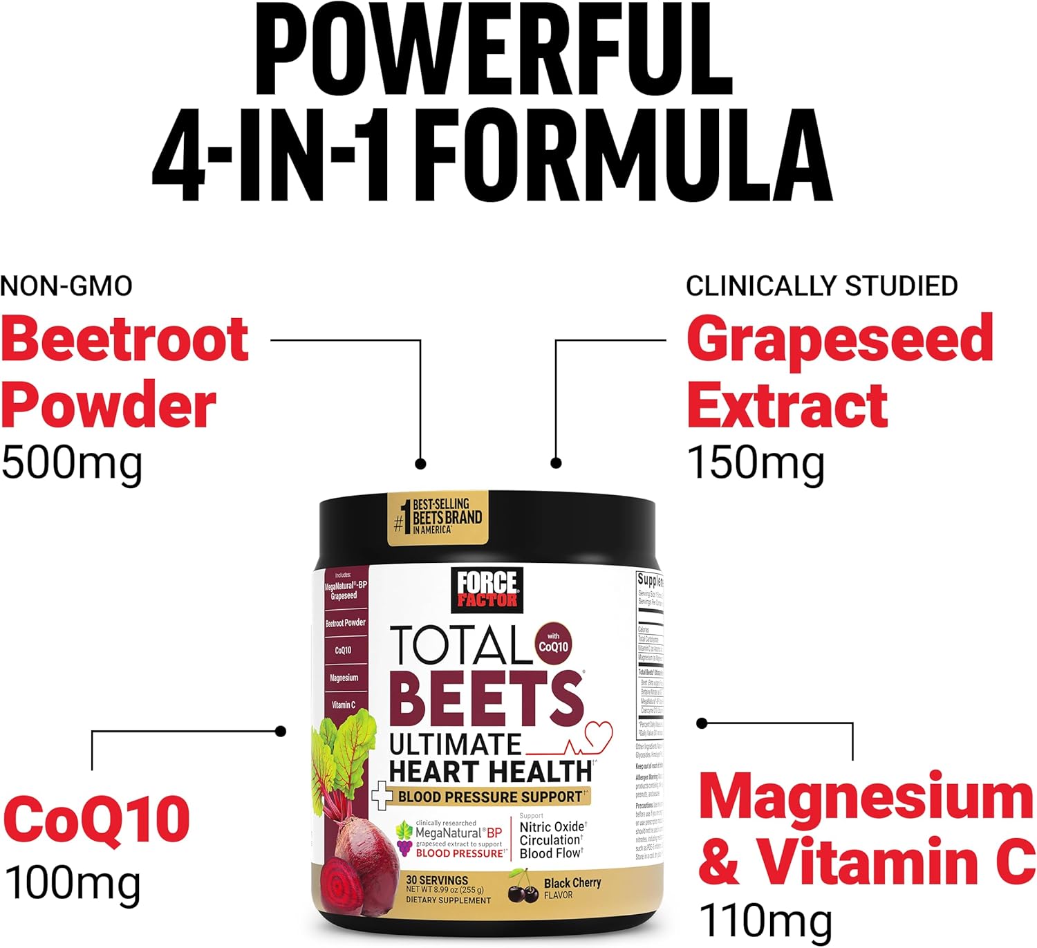 Force Factor Total Beets Ultimate Heart Health Blood Pressure Support with CoQ10, Beet Root Powder, Grape Seed Extract, Blood Pressure Supplement for Circulation, Black Cherry, 30 Servings