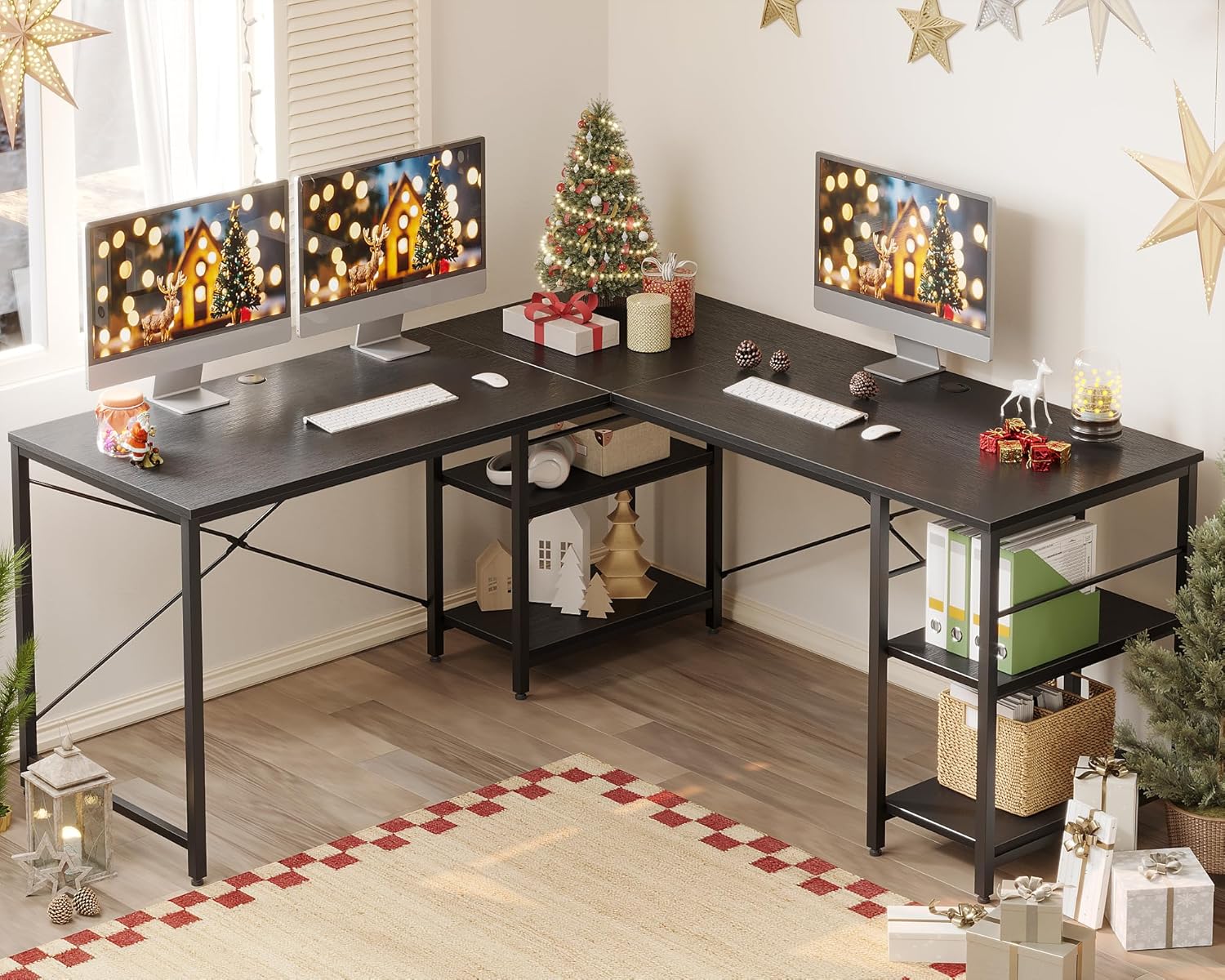 Bestier L Shaped Desk with Shelves 95.2 Inch Reversible Corner Computer Desk or 2 Person Long Table for Home Office Large Gaming Writing Storage Workstation P2 Board with 3 Cable Holes, Black