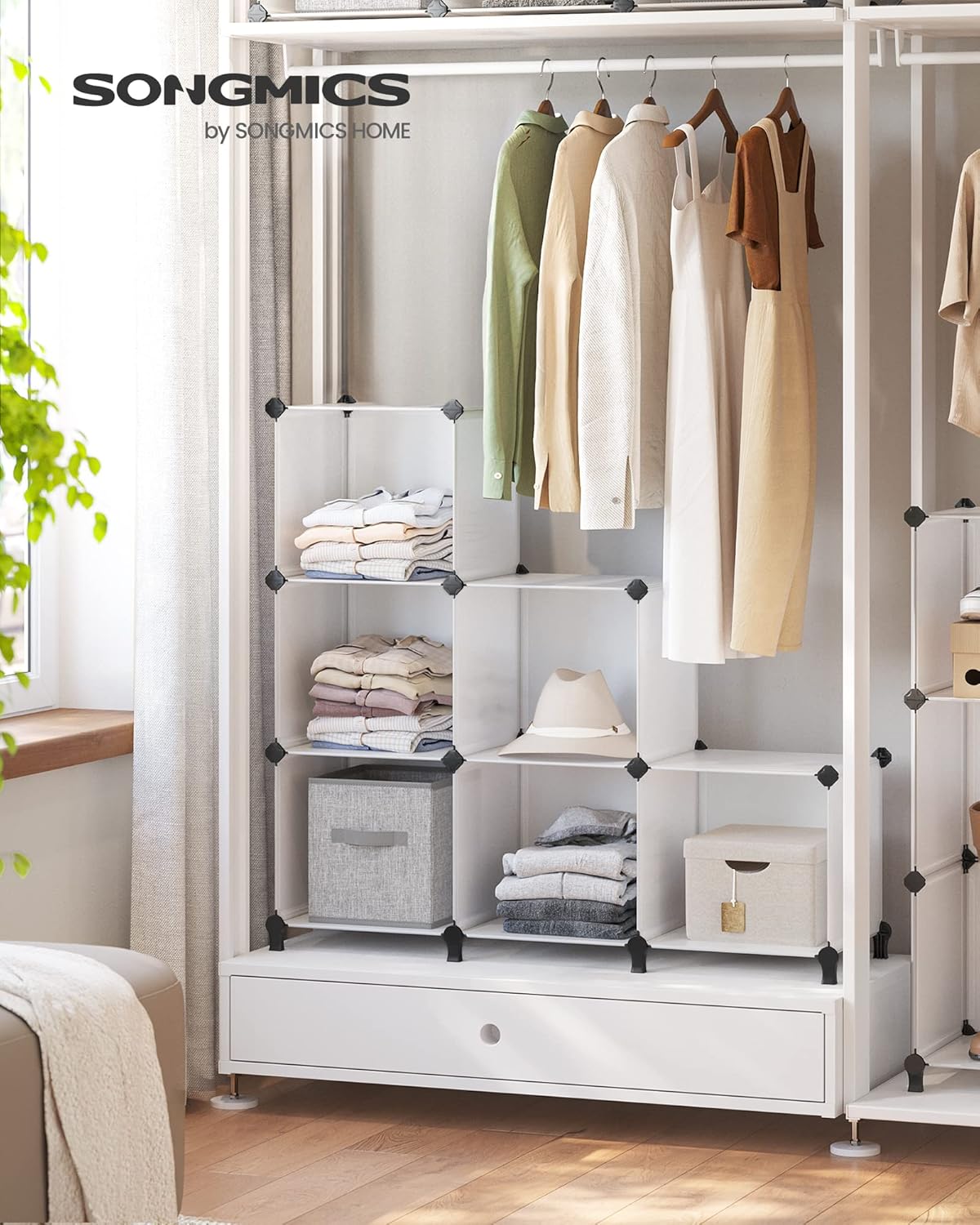 6 Cube Storage Organizer, Modular Bookshelf, DIY Closet Organizers and Storage, Plastic Stackable Shelves, 14.6 x 13 x 13 Inch Cubes, with Feet and Rubber Mallet, White ULPC206W01