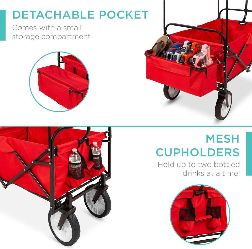 Best Choice Products Collapsible Folding Outdoor Utility Wagon with Canopy Garden Cart for Beach, Picnic, Camping, Tailgates w/Removable Canopy, Detachable Pockets, 150lb Weight Capacity - Red