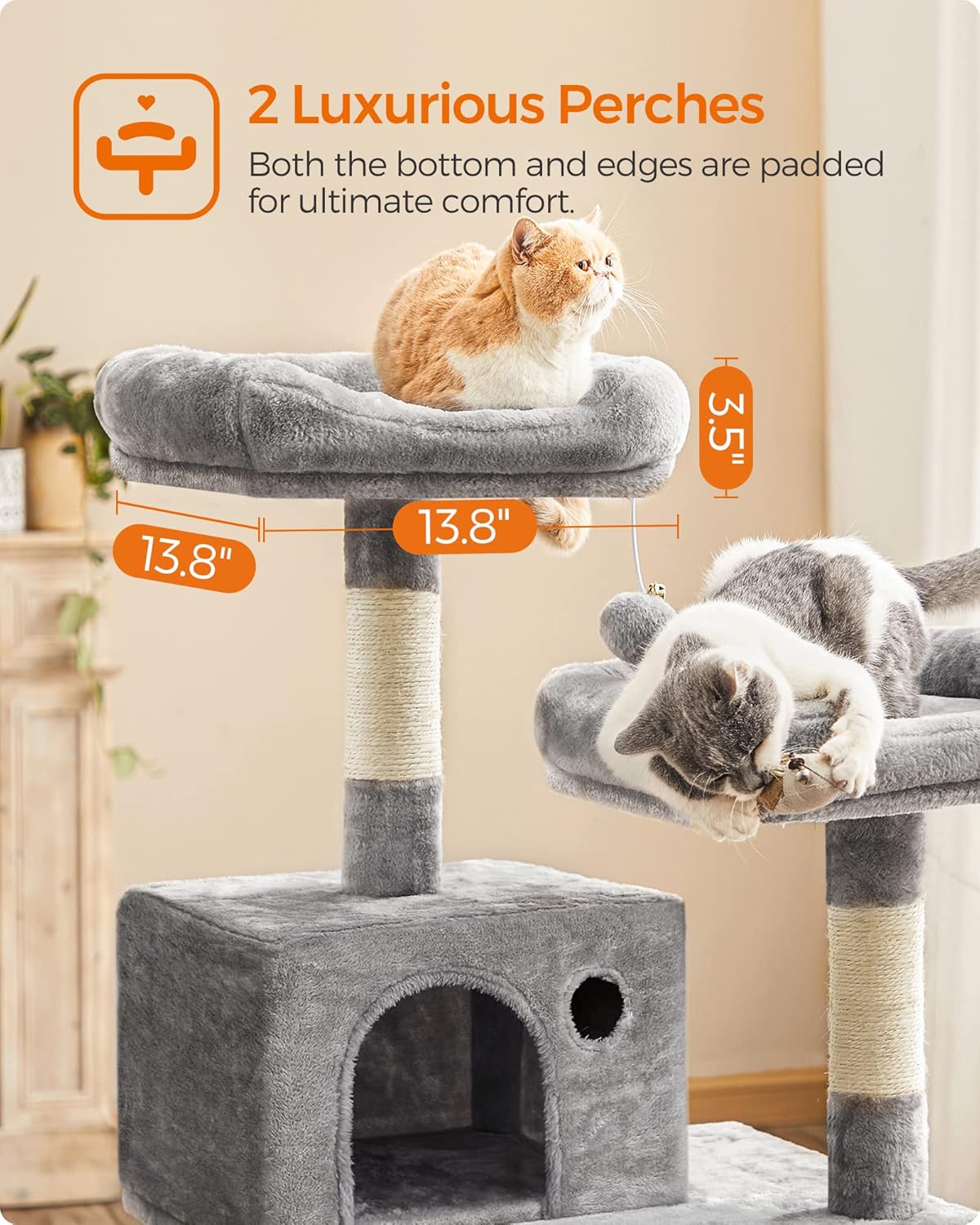 Cat Tree, Cat Tower for Indoor Cats, 56.3-Inch Cat Condo with Scratching Posts, Hammock, Plush Perch, Light Gray UPCT15W